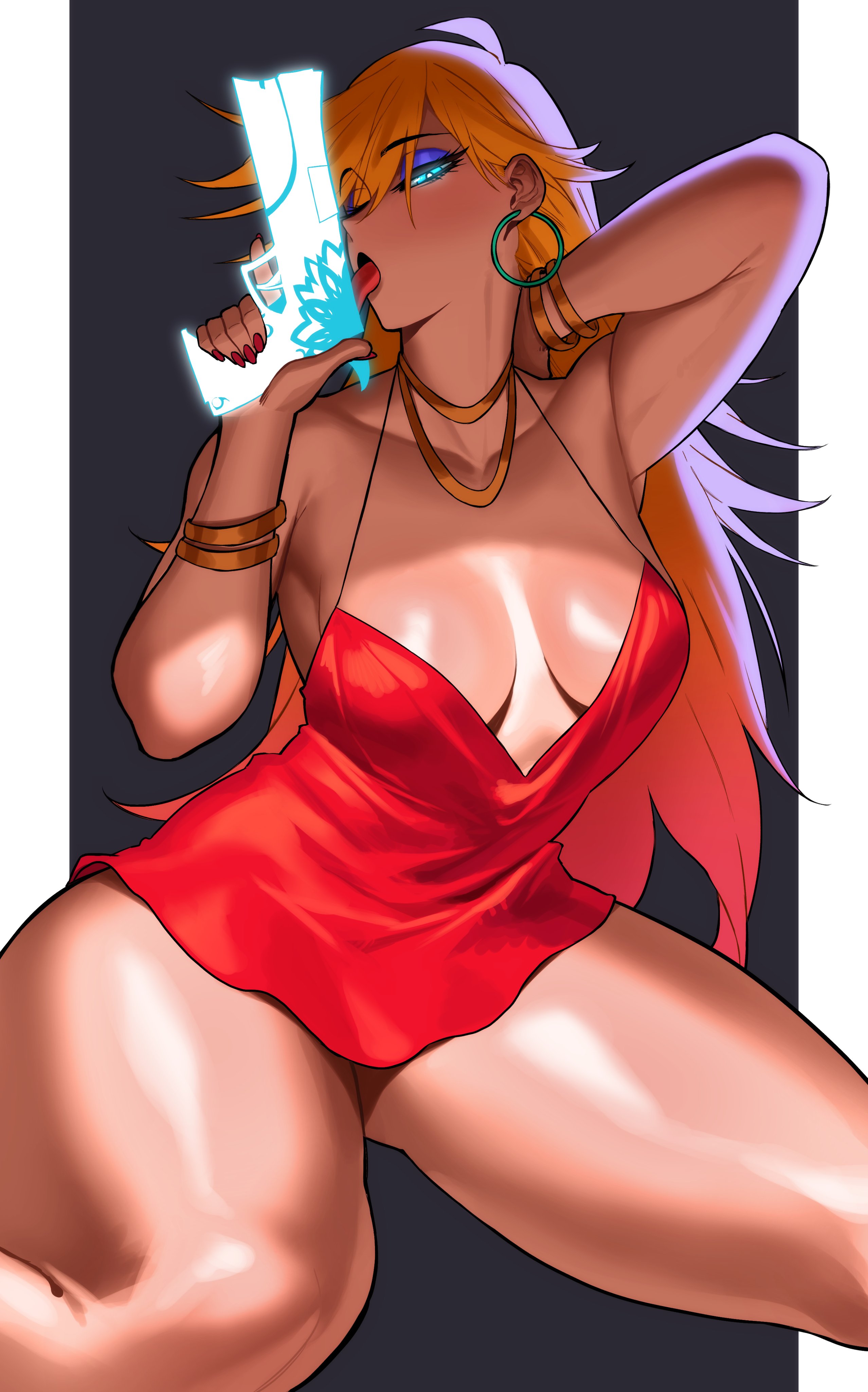 angel, barely covered breasts, blonde hair, blue eyes, breasts, clothing, dress, female, firearm, glowing eyes, gun, handgun, hoop earrings, human, licking gun, light skin, light-skinned female, pale skin, panty & stocking with garterbelt, panty anarchy, red dress, short dress, sotcho, thick thighs