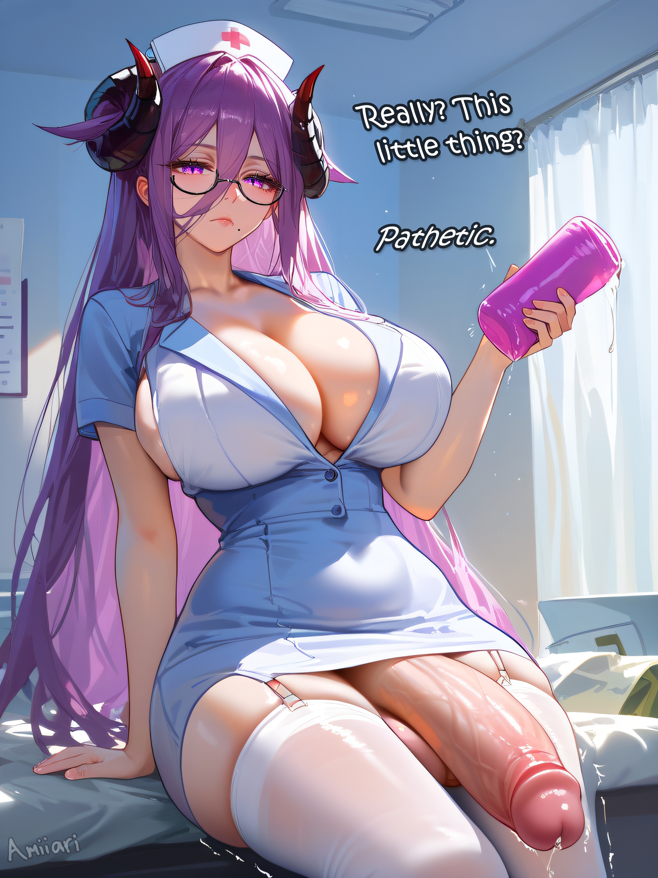 1futa, absurd res, ai generated, amiiari, artificial vagina, azur lane, big breasts, big penis, bored, bored expression, breasts, demon horns, detailed, dickgirl, erection, female, friedrich carl (azur lane), futanari, garter straps, glasses, highres, holding object, holding toy, horn, horns, huge breasts, intersex, large penis, long penis, massive penis, milf, mommy kink, nurse, nurse cap, nurse uniform, onahole, pathetic, pencil skirt, penis, penis to the knees, purple eyes, purple hair, sex toy, shaking, sideboob, sitting, skindentation, text, thick thighs, thighhighs, tight clothing, unamused