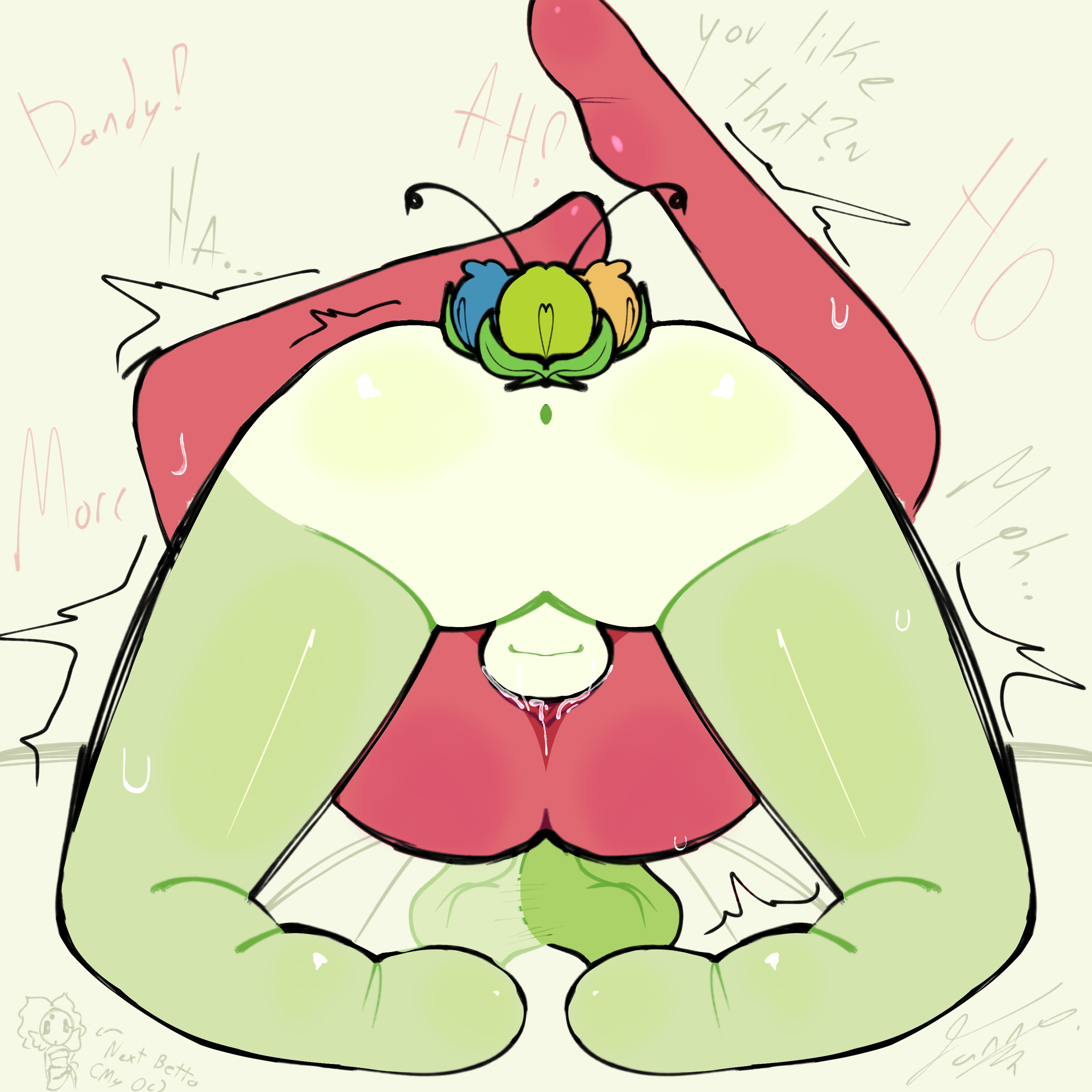 dandy (dandy's world), dandy's world, dandys world, flower tail, green skin, male, mating press, red skin, sprout (dandy's world), two men, yaoi