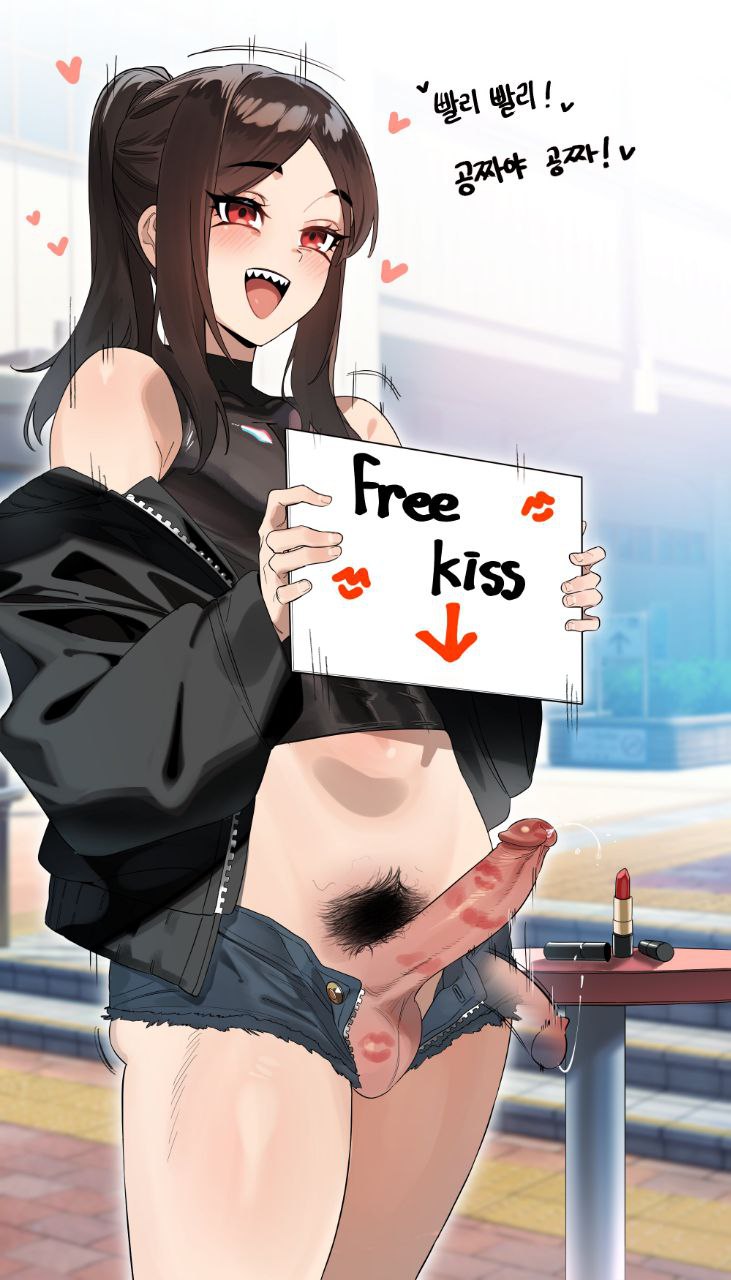 1boy, 1femboy, ain (in), balls, blush, bouncing penis, brown hair, english text, erect penis, erection, femboy, free use, girly, heart symbol, jacket, korean text, lipstick, lipstick mark, lipstick mark on penis, lipstick on balls, lipstick on penis, lipstick ring, long hair, male, male only, open mouth, penis, pubic hair, red eyes, red lipstick, red lipstick mark on balls, red lipstick mark on penis, shorts, smile, solo, solo male, text