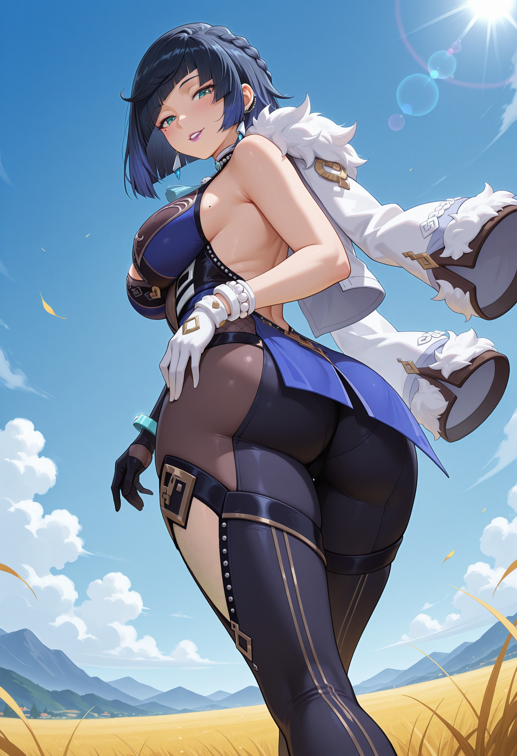 1girls, 2025, ai generated, ass, ass focus, asymmetrical gloves, big breasts, black hair, blue hair, bracelet, breasts, clothing cutout, day, female, female only, from behind, fur-trimmed jacket, genshin impact, gradient hair, green eyes, hi res, high quality, high resolution, highres, huge ass, jacket on shoulders, large breasts, larry7, light-skinned female, mole on breast, purple lips, solo, stable diffusion, thighs, tight clothing, white jacket, yelan (genshin impact)