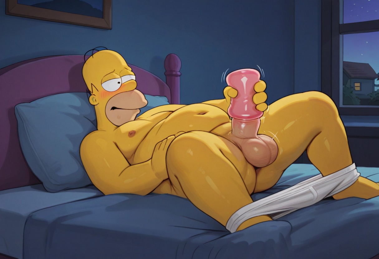 ai generated, bara, chubby male, fleshlight, flubby delish, gay, homer simpson, male, male only, masturbation, solo, the simpsons, underwear, yaoi