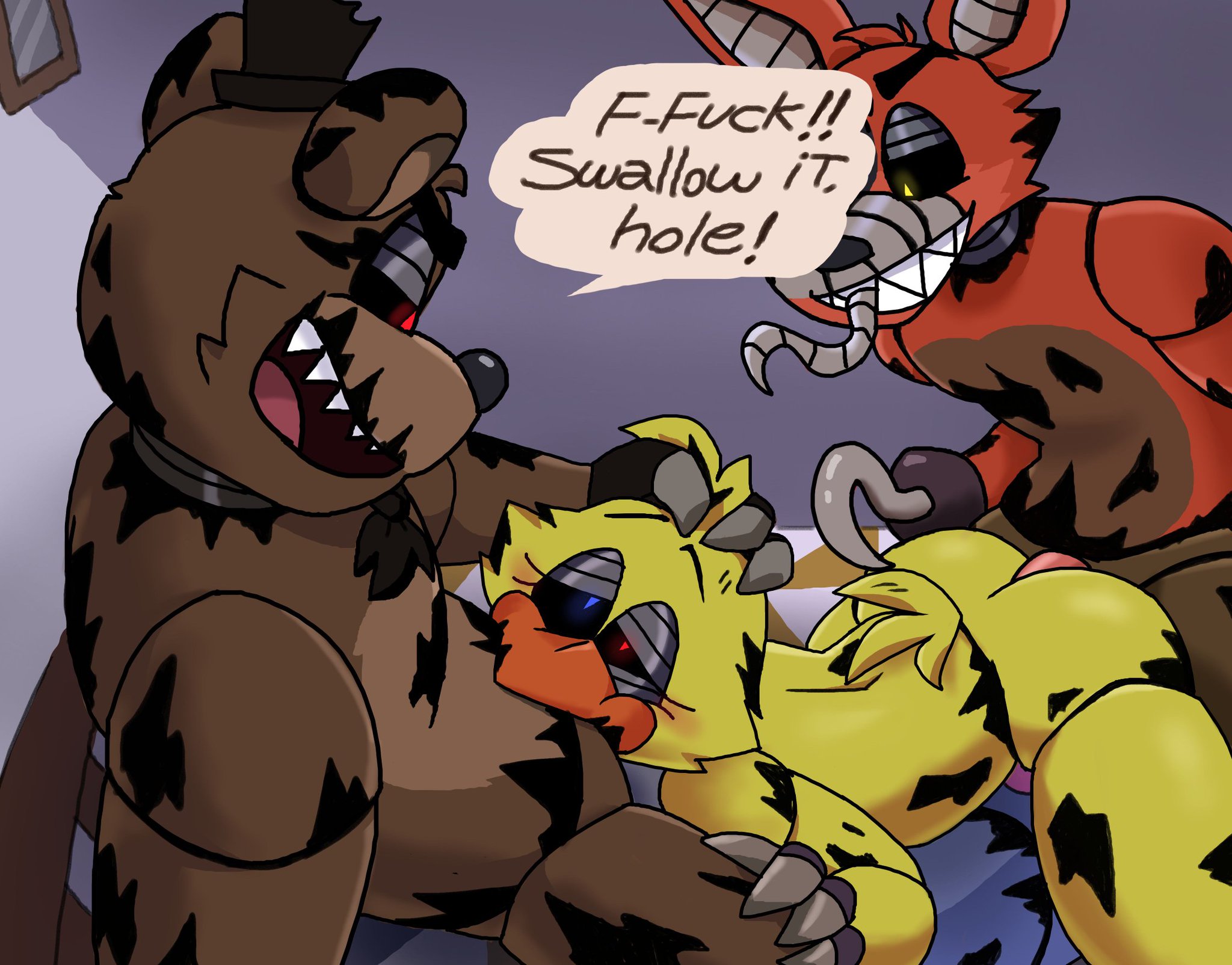 anal sex, blush, commission, commissioner upload, cowgirl position, dialogue, female, five nights at freddy's, five nights at freddy's 4, male, nightmare bonnie, nightmare chica (fnaf), nightmare foxy, nightmare freddy, oral, oral sex, penis, pussy, r34funtix, sex, straight, triple penetration, vaginal penetration, vaginal sex