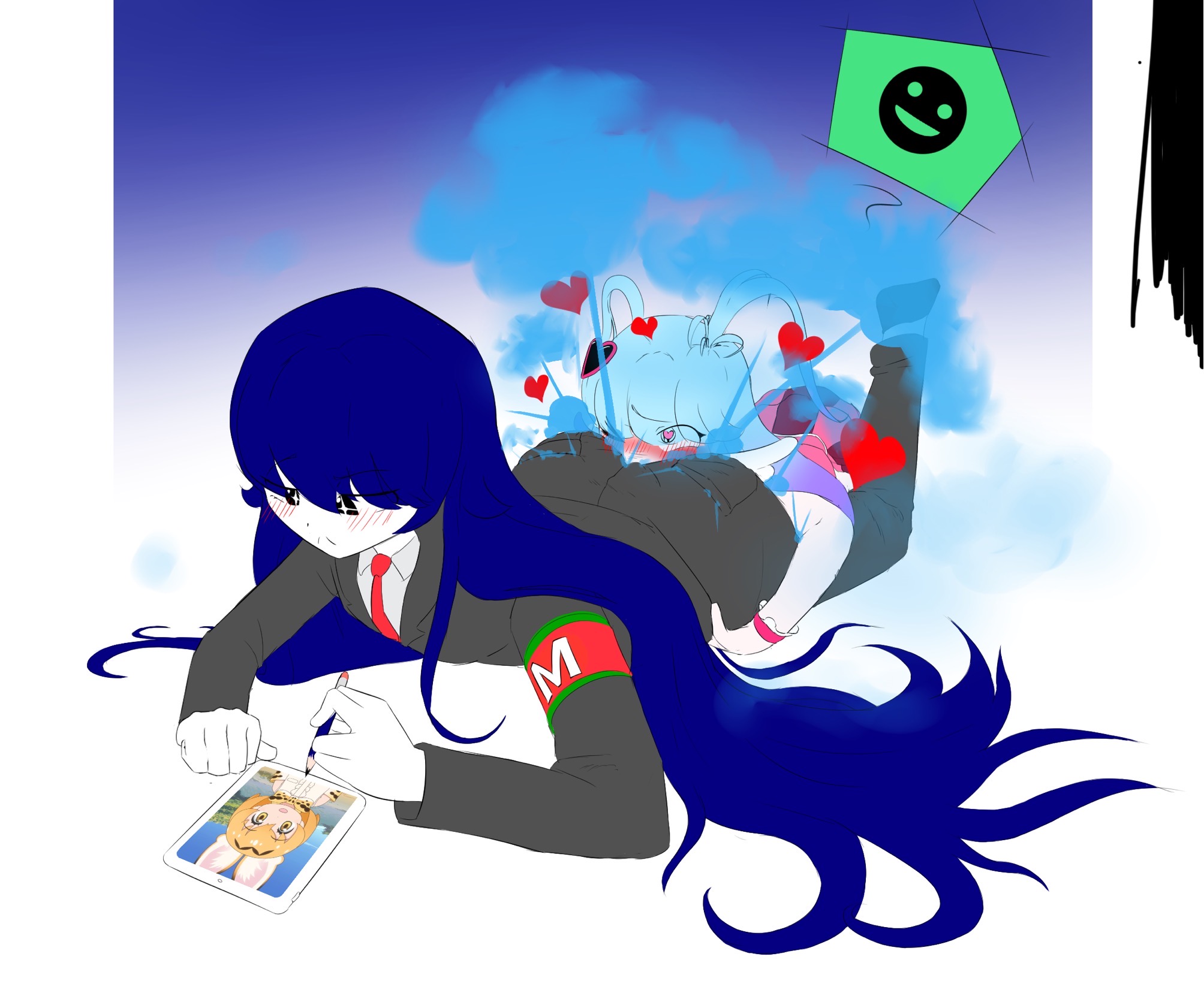 2girls, blue farts, blue hair, blush, bongbong, breppy (artist), enjoying farts, fart, fart cloud, farting in face, female, female only, heart, heart-shaped pupils, lobotomy corporation, project moon, queen of hatred, suit, tagme, unusual fart, yuri