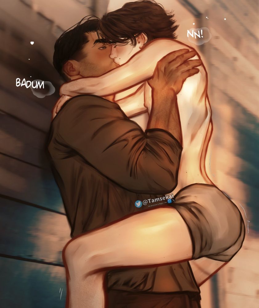 2boys, arcane, arcane jayce, arcane viktor, arms behind head, brown hair, gay, gay male, jayce, jayce talis, kissing, league of legends, making out, male, male only, picking up, romantic couple, tamsekai, wall, yaoi