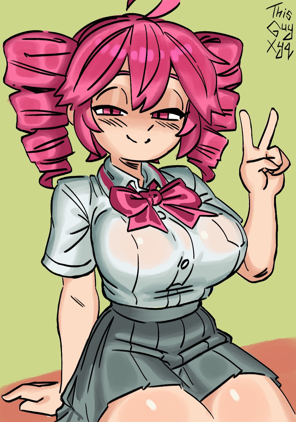 1girls, 2d, 2d (artwork), ahoge, artist name, big breasts, big thighs, breasts, curvaceous, curvy, curvy female, curvy figure, female, female only, green background, half-closed eyes, huge breasts, huge thighs, kasane teto, large breasts, large thighs, no bra, peace sign, red eyes, red hair, school uniform, schoolgirl, see-through, see-through clothing, see-through shirt, shiny skin, simple background, sitting, skirt, slim waist, solo, solo female, thick thighs, thighs, thisguyxyq, twin drills, utau, wide hips