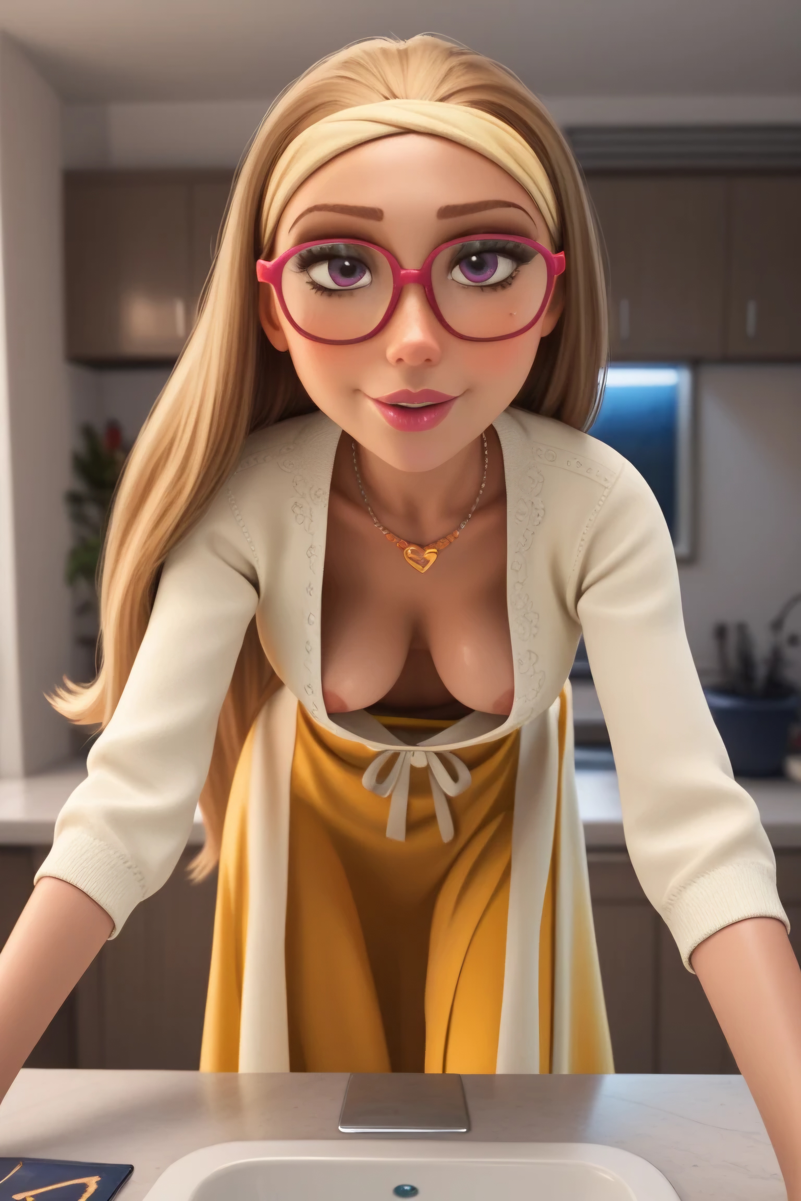 ai, ai art, ai assisted, ai generated, ai hands, ai-created, areola, bending down, bending forward, bending over, bending over position, bent over, big hero 6, blonde hair, breasts, cream skin, dangling breasts, downblouse, dress, female, glasses, hairband, honey lemon, marvel, marvel comics, medium breasts, nipples, svpk76
