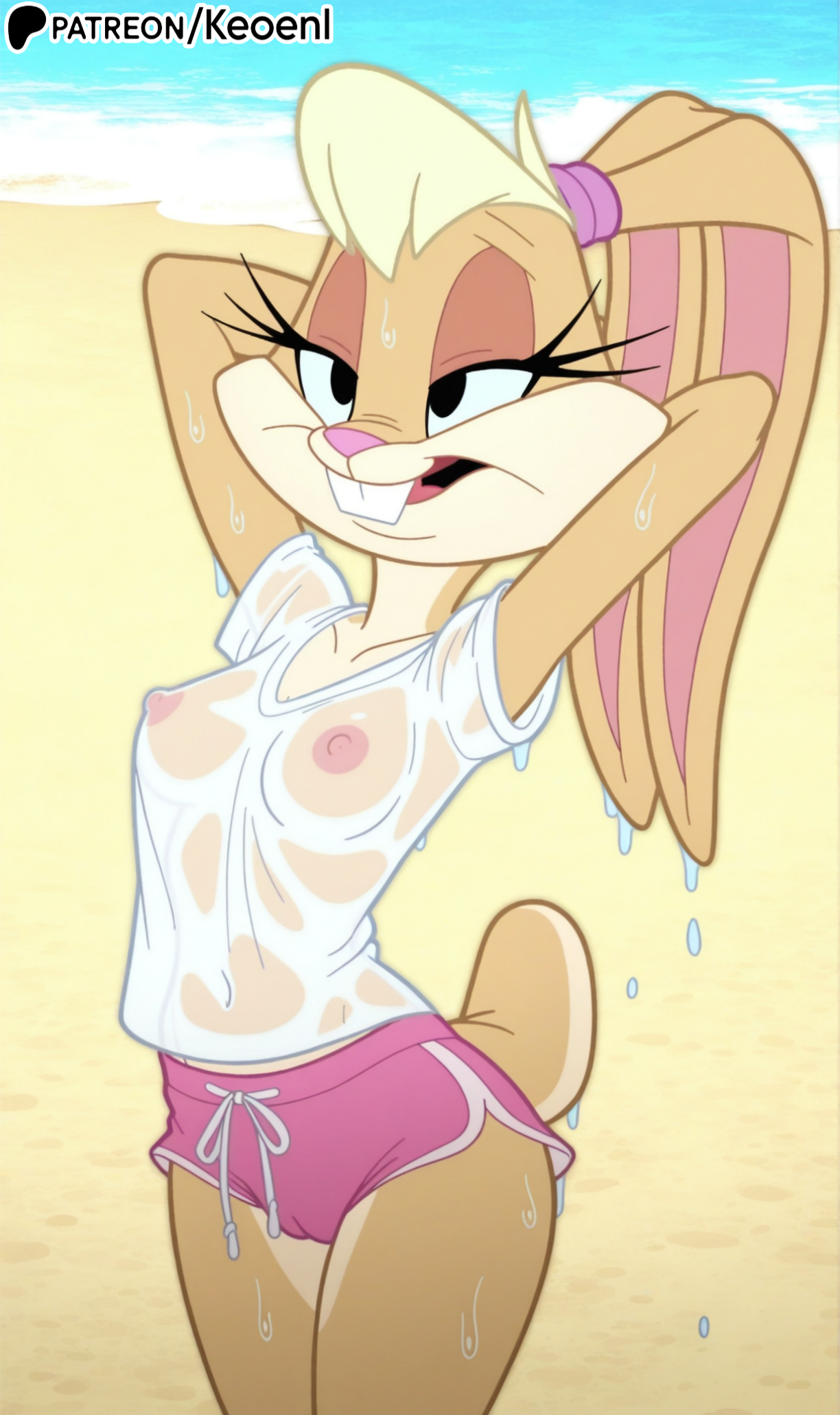 1girls, accurate art style, ai generated, anthro, areolae, ass, athletic, athletic female, beach, big ass, big breasts, black eyes, blonde hair, blue eyes, blush, breasts, buckteeth, bunny ears, bunny girl, cameltoe, cartoon network, commission, dolphin shorts, eyelashes, female, female only, fur, furry, furry female, gloves, half-closed eyes, handjob, hands behind head, hard nipples, hi res, keoenl, lagomorph, leporid, lola bunny, looking at viewer, looney tunes, mammal, medium breasts, nipples, nipples visible through clothing, ocean, one eye closed, orange fur, patreon, ponytail, pussy, pussy lips, rabbit, saliva, saliva trail, sand, seductive eyes, seductive look, seductive mouth, sexy, shorts, sweat, sweating, tail, tan body, the looney tunes show, tongue, visible nipples, vulva, vulva line, warner brothers, wet, wet body, wet clothes, white fur, white shirt, yellow fur