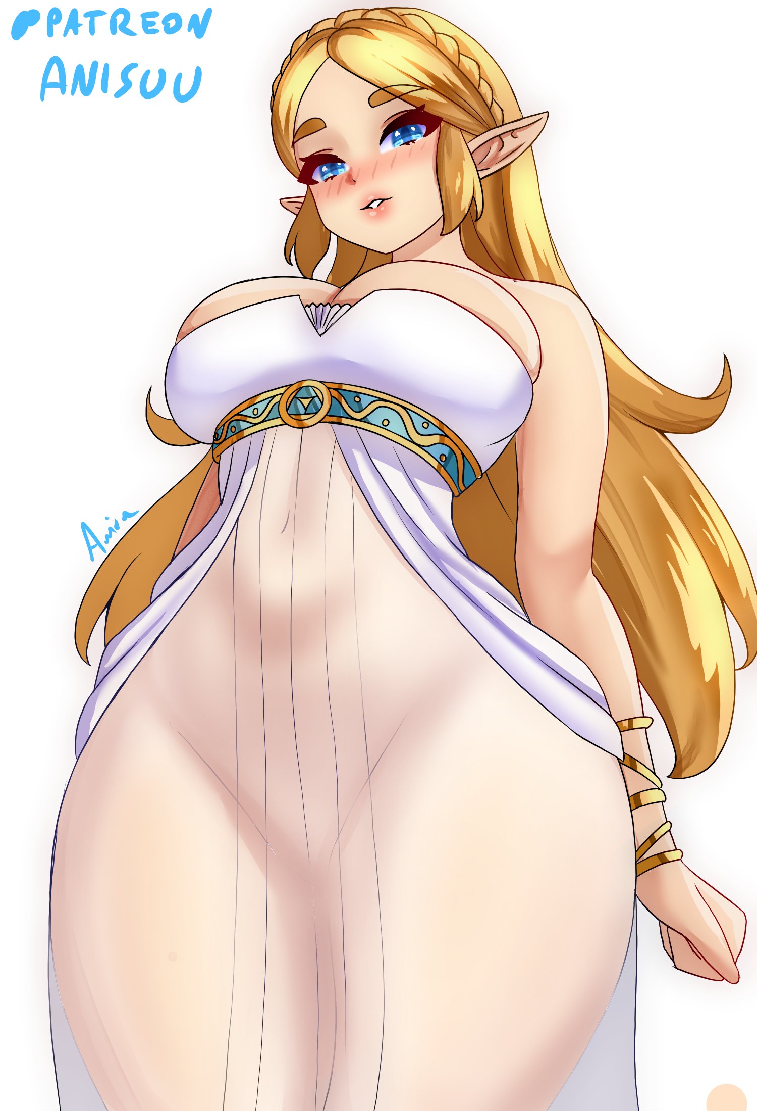 1girls, anisdrawn, blonde hair, breasts, breath of the wild, cleavage, dress, exposed hips, female, female focus, female only, hi res, hip cleavage, large breasts, light-skinned female, looking at viewer, princess zelda, see-through dress, solo, the legend of zelda, thick thighs, thighs, tight clothing, wet clothes, white background, wide hips, zelda (breath of the wild)