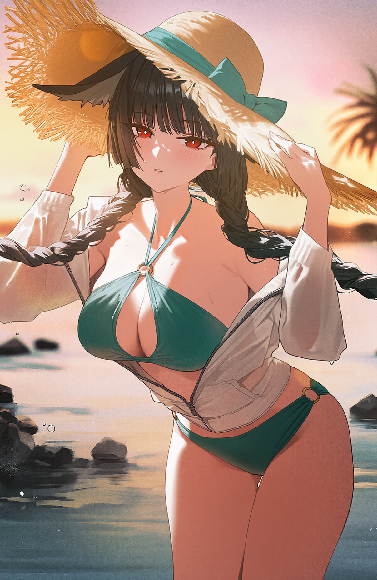 1girls, ai generated, aiart fring, animal ears, ass, bangs, bare shoulders, beach, bikini, black hair, blunt bangs, braid, breasts, cleavage, cowboy shot, female, fox ears, fox girl, hat, hoshimi miyabi, large breasts, long hair, looking at viewer, o-ring, ocean, outdoors, parted lips, red eyes, solo, straw hat, swimsuit, tagme, thick thighs, thigh gap, twin braids, zenless zone zero