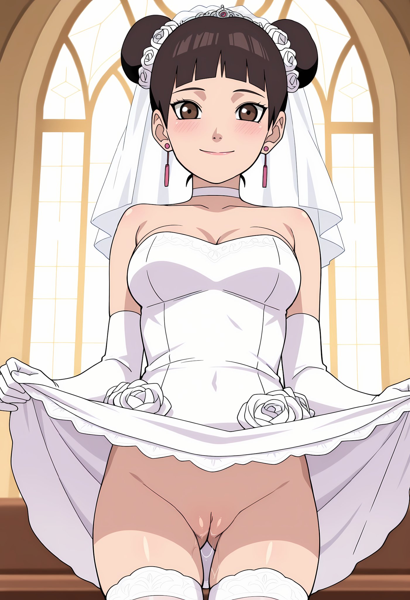 1girls, ai generated, arm gloves, ass, bare shoulders, big ass, big breasts, blunt bangs, boruto: naruto next generations, breasts, bride, brown eyes, brown hair, busty, choker, church, cleavage, curvaceous, curvy, curvy female, curvy figure, double bun, dress lift, earrings, female, garter belt, garter straps, gloves, highres, indoors, lifted by self, light skin, light-skinned female, lingerie, lipstick, makeup, mature, mature female, milf, narugirlshot, naruto, naruto (series), no bra, petite, pink lips, revealing clothes, single hair bun, skimpy, skimpy clothes, smile, stockings, tenten, thighs, tied hair, twin buns, uncensored, wedding, wedding dress, wedding lingerie, wedding veil, white dress, white lingerie, white skin