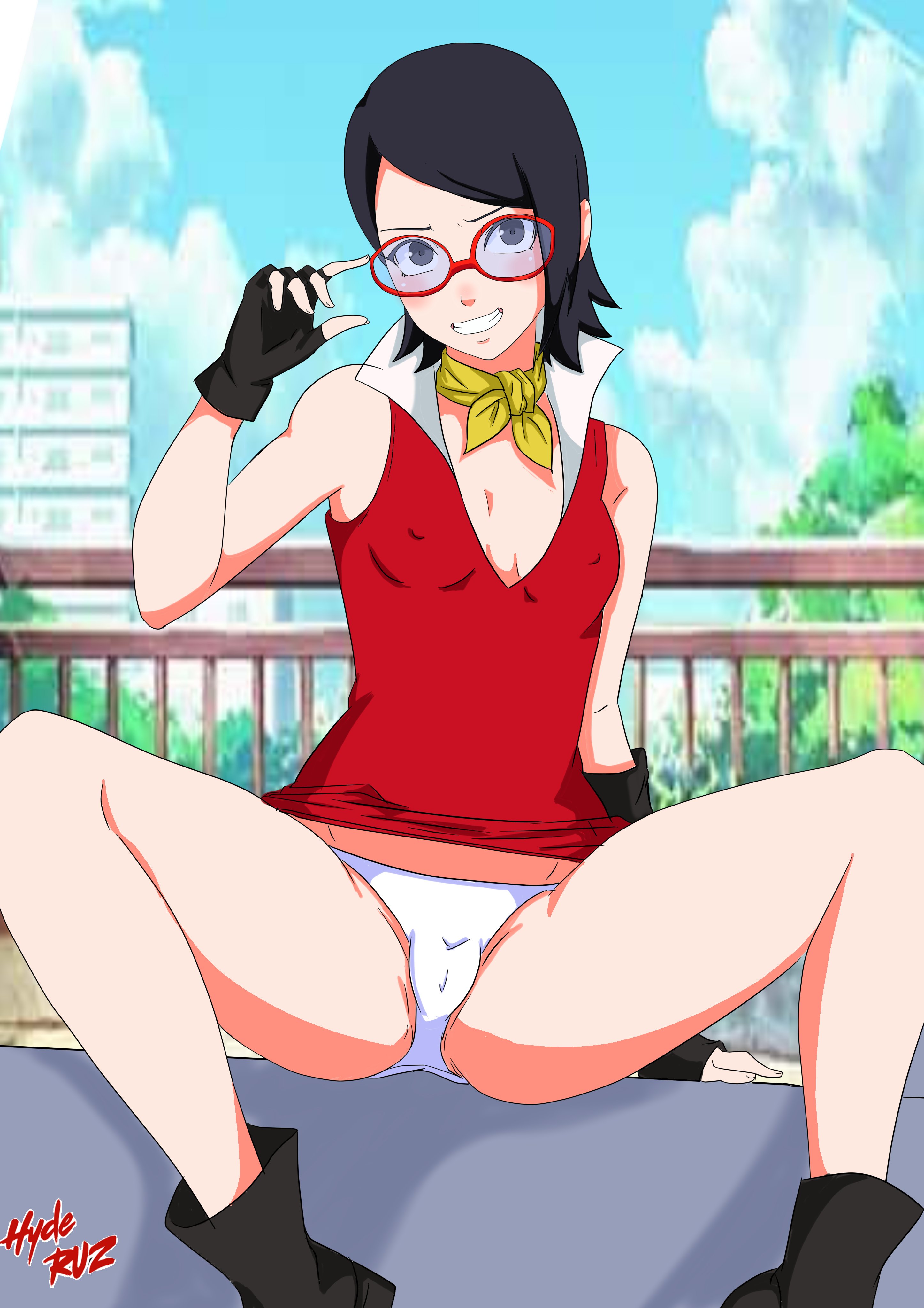 1girls, absurd res, absurdres, alternate costume, ass, bare legs, bare thighs, black eyes, black gloves, black hair, blush, boots, boruto: naruto next generations, breasts, butt, cameltoe, cleavage, clenched teeth, clothed, clothed female, clothing, cute, erect nipples, erect nipples under clothes, female, female focus, female only, fingerless gloves, footwear, glasses, gloves, hi res, high resolution, highres, hyde ruz, legs apart, legs held open, light skin, light-skinned female, looking at viewer, naruto, naruto (series), nipple bulge, no bra, outdoors, outside, pale skin, pale-skinned female, panties, petite, pinup, pussy, sarada uchiha, shonen jump, short dress, shounen jump, shueisha, sitting, sleeveless, sleeveless dress, small breasts, smile, smiling, smiling at viewer, solo, solo female, solo focus, spread legs, spreading, teeth, teeth clenched, teeth showing, uchiha sarada, underwear, upskirt, very high resolution, weekly shonen jump, weekly shounen jump, white panties, white underwear