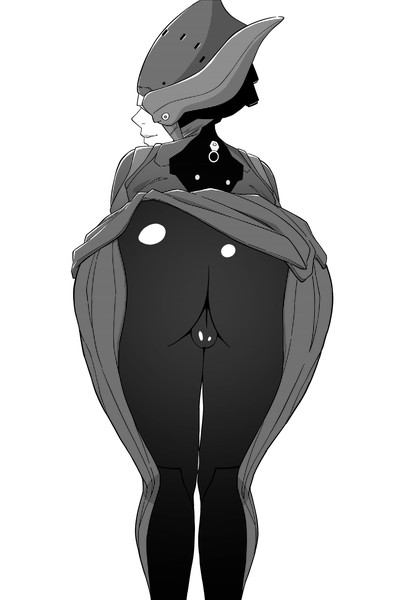 ass, bent over, bodysuit, female, khexxi, lotus (warframe), monochrome, pussy, skindentation, smile, source request, warframe