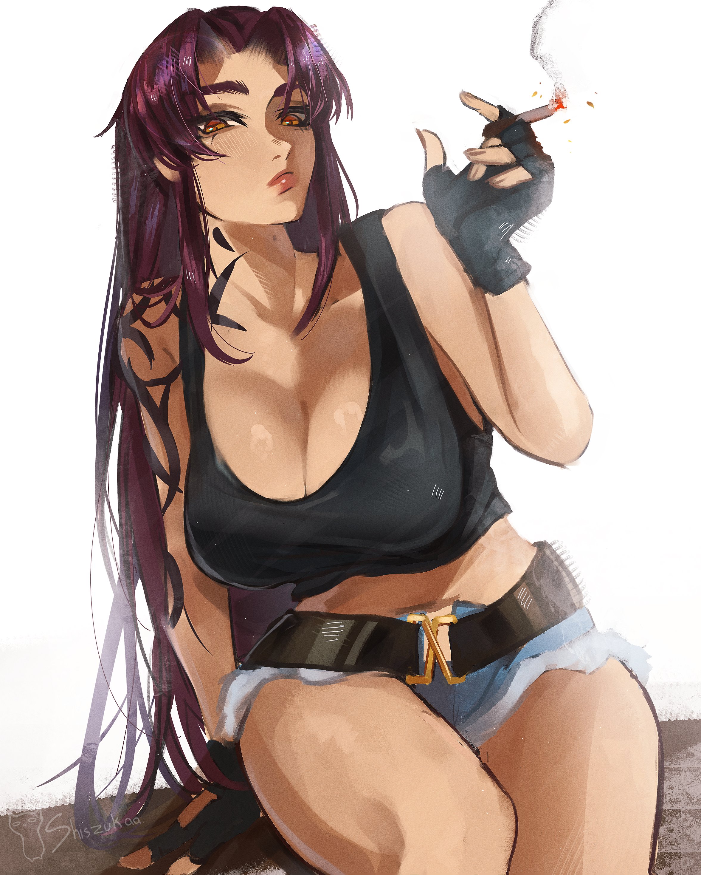 1girls, amber eyes, belt, big breasts, black lagoon, breasts, cigarette, cleavage, female, female focus, female only, gloves, long hair, looking at viewer, midriff, purple hair, revy, revy (black lagoon), shiszukaa, shorts, slim waist, smoking, tank top, tattoo, white background