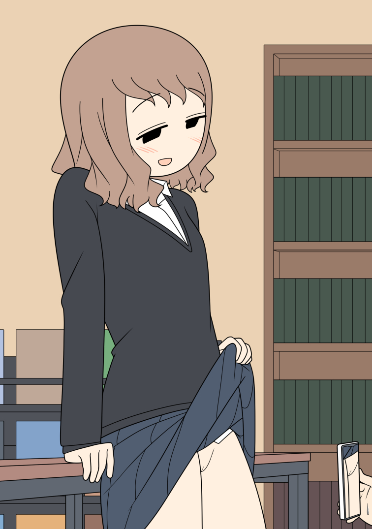 blush, chibi, cute, exhibitionism, exhibitionist, female, horny female, juukyuu, no panties, pussy, screen capture, simple coloring, simple drawing, skirt, skirt lift