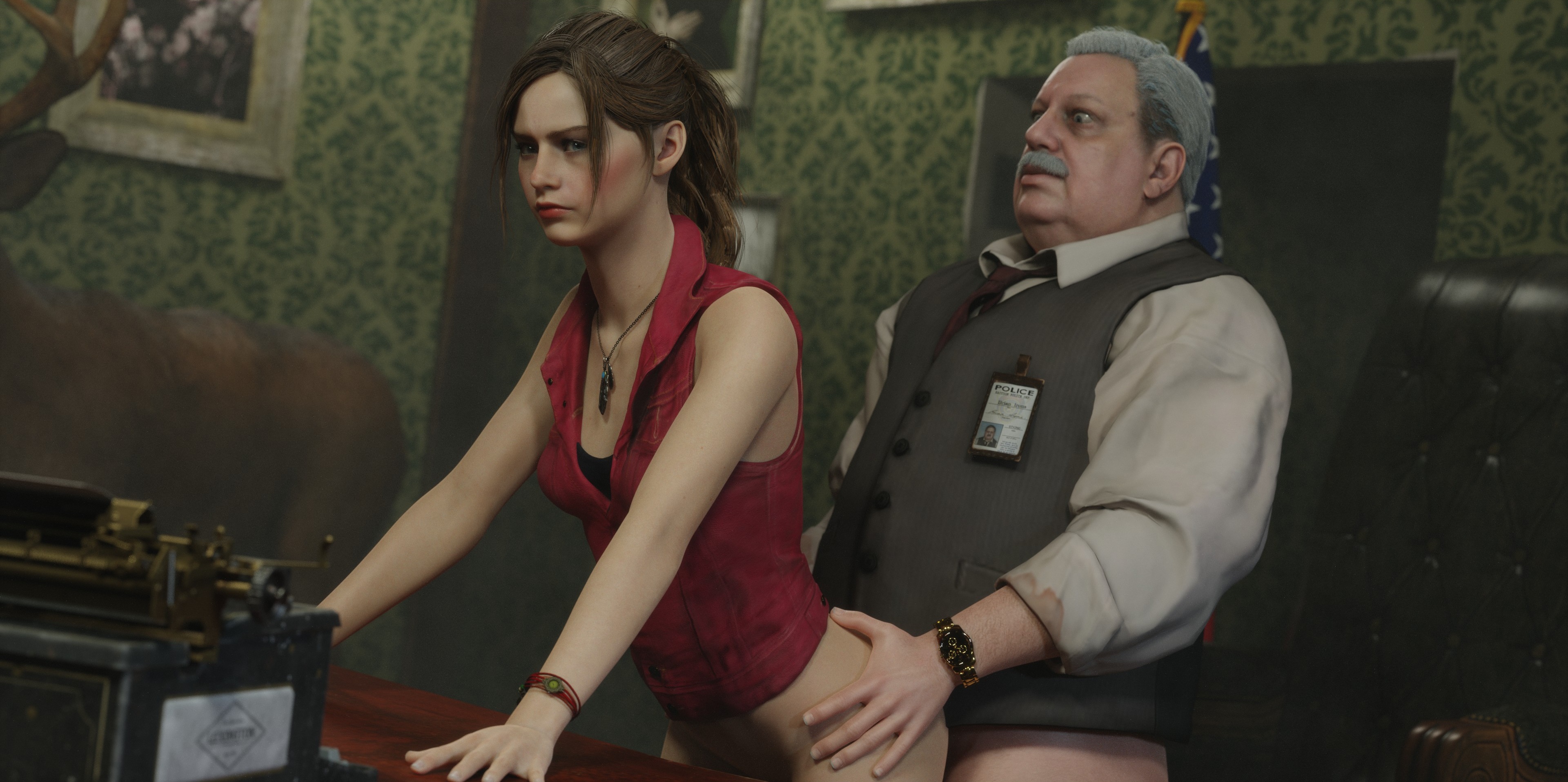 1boy, 1girls, 3d, 3d (artwork), 3d model, ambiguous penetration, blush, brian irons, capcom, claire redfield, doggy style, embarrassed, female, light skin, light-skinned female, light-skinned male, male, office, office sex, ponytail, pussy, resident evil, resident evil 2, resident evil 2 remake, sex, watch