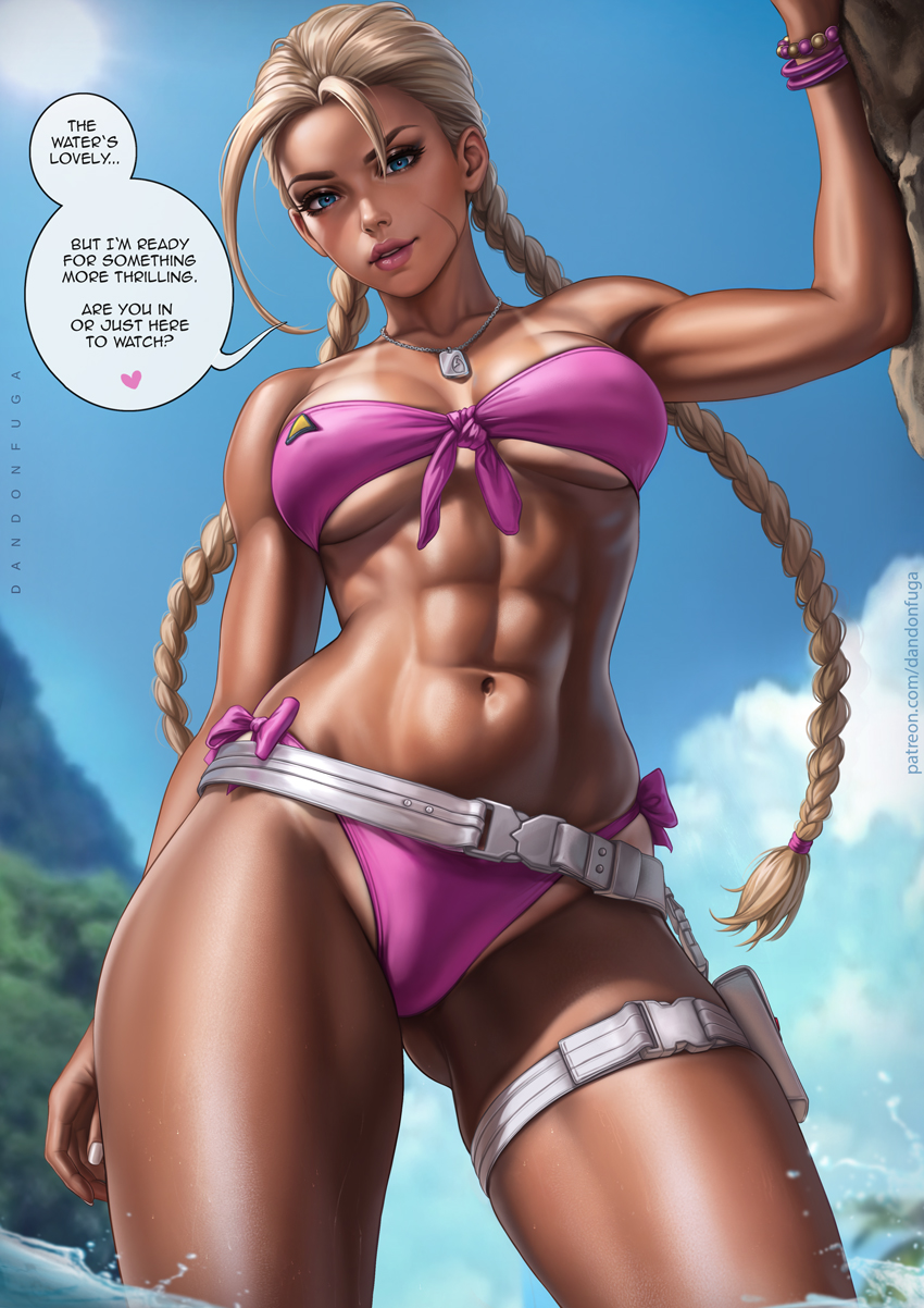 1girls, abs, bare legs, big breasts, bikini, blonde hair, blue eyes, breasts, cammy white, cammy white (street fighter 6), dandon fuga, female, female only, fingerless gloves, gloves, long hair, looking at another, medium breasts, navel, pose, solo, solo female, street fighter, street fighter 6, tan skin, tanline, tight clothing, toned, toned female, twintails