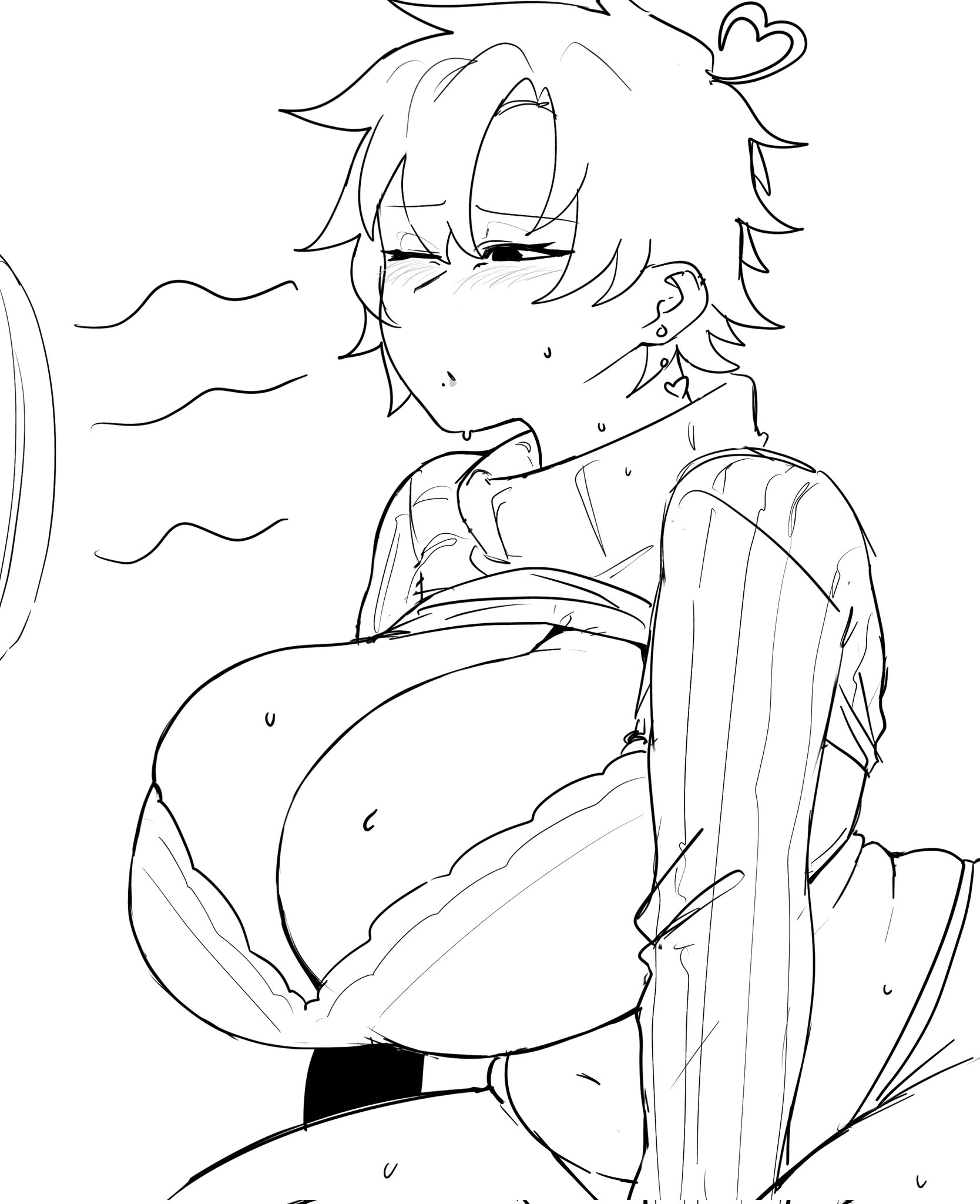 1girls, akira404040, asian female, beauty mark, breasts, busty, chubby, cleavage, cooling off, electric fan, fan, female, female only, huge ass, huge breasts, light skin, light-skinned female, line art, mature female, milf, neru (akira404040), plump, solo, sweat, thick, thick ass, thick thighs, wide hips