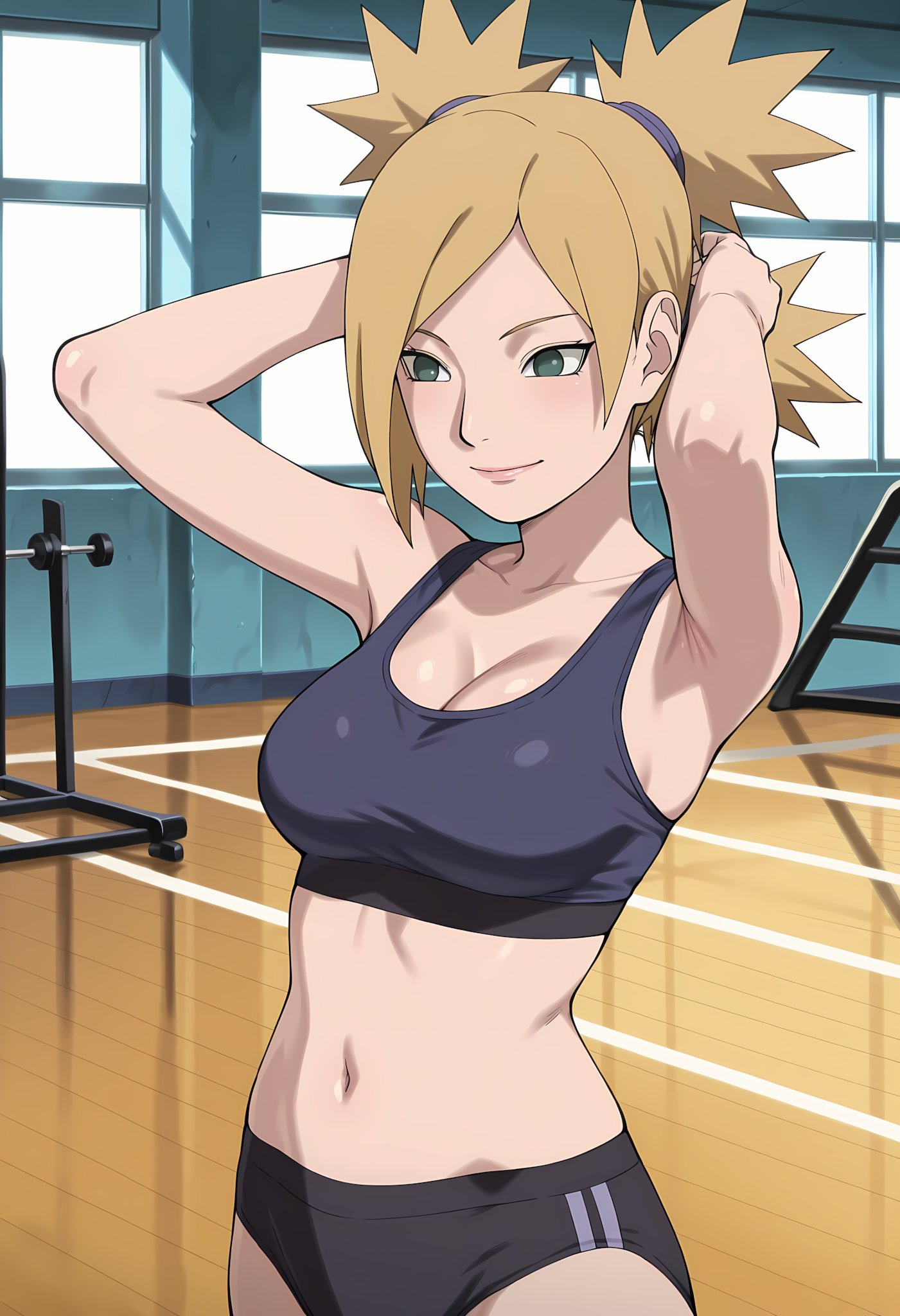 1girls, adapted costume, ai generated, arms up, ass, big ass, big breasts, blonde hair, bloomers, boruto: naruto next generations, breasts, cleavage, curvaceous, curvy, curvy figure, female, female focus, female only, gym, high resolution, indoors, long hair, mature, mature female, milf, narugirlshot, naruto, naruto (series), navel, pinup, ponytail, quad tails, solo, sports bra, stretching, teal eyes, temari, twintails, uncensored, upper body, white skin, workout clothes