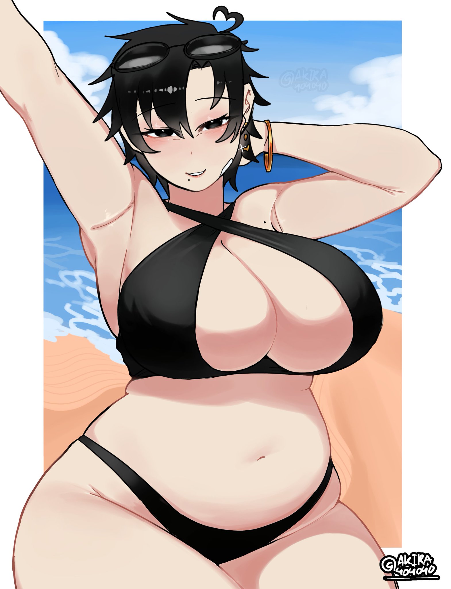 1girls, akira404040, asian female, beach, beauty mark, bikini, breasts, busty, chubby, cleavage, female, female only, huge ass, huge breasts, light skin, light-skinned female, mature female, milf, neru (akira404040), thick, thick ass, thick thighs, wide hips