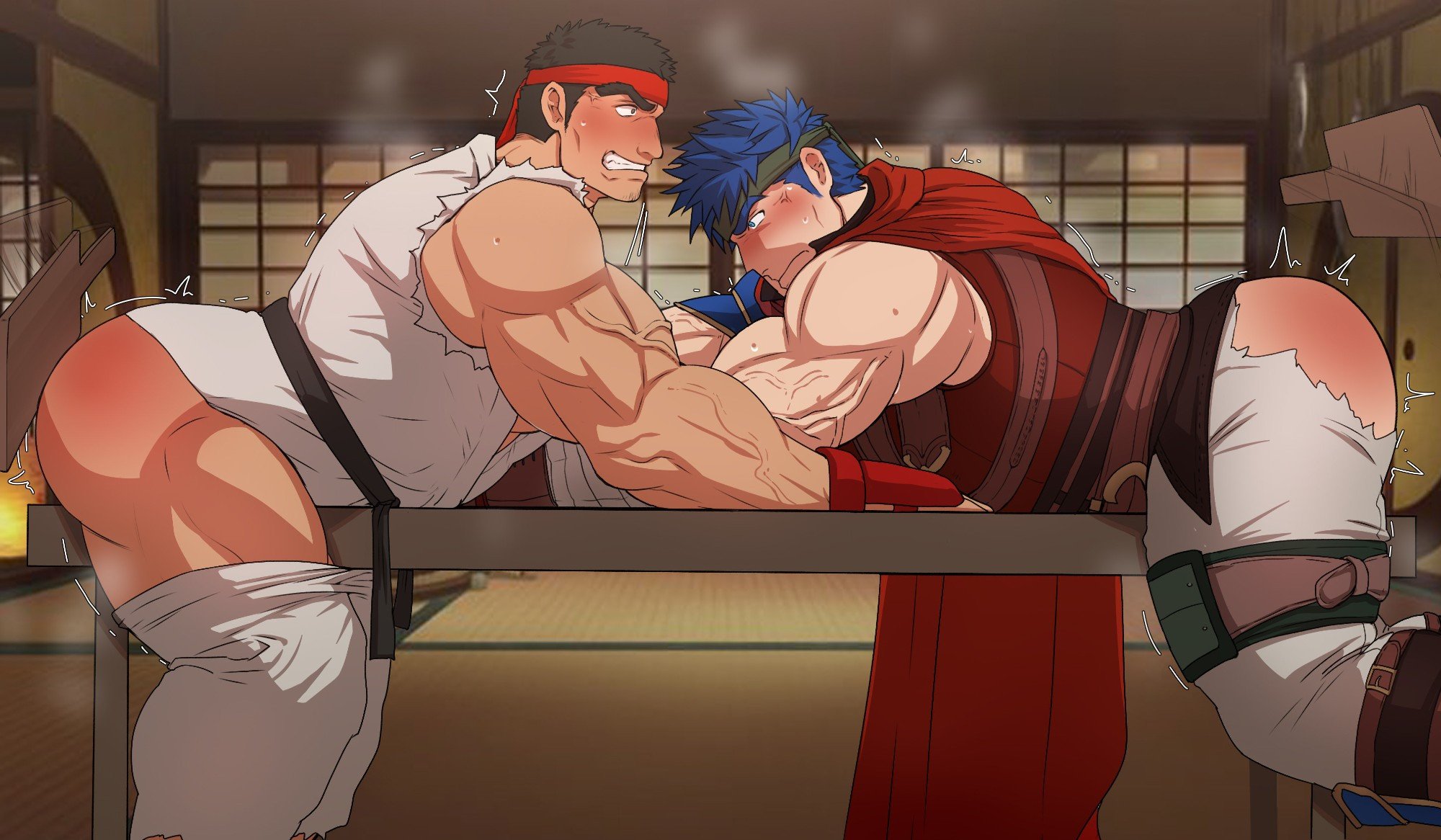 2boys, architecture, ass, bara, black hair, blue eyes, blue hair, cape, clothes pull, commission, crossover, east asian architecture, fire emblem, fire emblem: radiant dawn, gay, gay male, headband, highres, huwenlang, ike (fire emblem), indoors, liuoie2, male, male focus, male only, multiple boys, multiple males, muscular, muscular male, pants, pants pull, red cape, ryu (street fighter), second-party source, short hair, spanked, spanking, steaming body, street fighter, torn clothes, torn pants, variant set, veins, veiny arms, yaoi