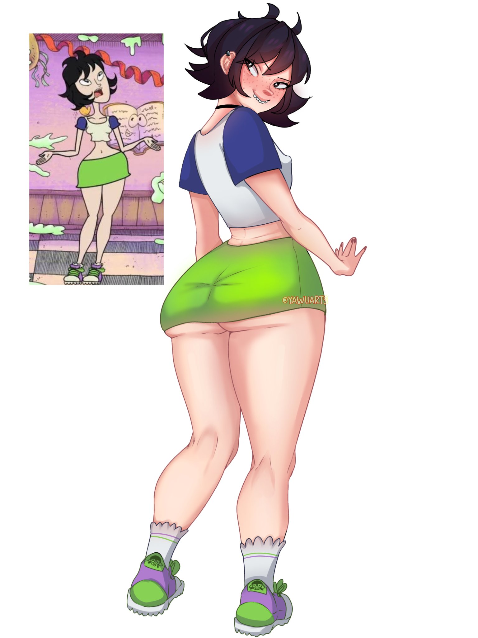 back view, big ass, big breasts, big butt, big thighs, big titties, black hair, breasts, cartoon network, clothing, curvaceous, curvaceous female, curvaceous figure, curvy, curvy figure, curvy hips, female, female focus, female only, jorel's brother, lara (jorel's brother), short hair, yawuarts