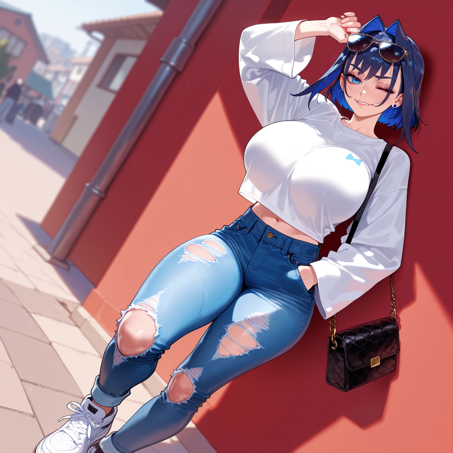 1girls, ai generated, alternate costume, arm up, bag, balecxi, blue eyes, blue hair, blue pants, blush, breasts, clothing, colored inner hair, crop top, crop top overhang, curvaceous, curvaceous female, curvaceous figure, curvy, curvy figure, denim, dutch angle, ear piercing, earrings, eyewear on head, female, female focus, female only, footwear, hair intakes, hand in pocket, handbag, high-waist pants, hololive, hololive english, huge breasts, jeans, jewelry, large breasts, long sleeves, looking at viewer, midriff, multicolored hair, navel, one eye closed, ouro kronii, ouro kronii ch., outdoors, pants, parted lips, piercing, shirt, shoes, short hair, smile, sneakers, solo, standing, sunglasses, sweater, thick thighs, thighs, torn clothes, torn jeans, torn pants, virtual youtuber, voluptuous, voluptuous female, white footwear, white shirt, wide hips