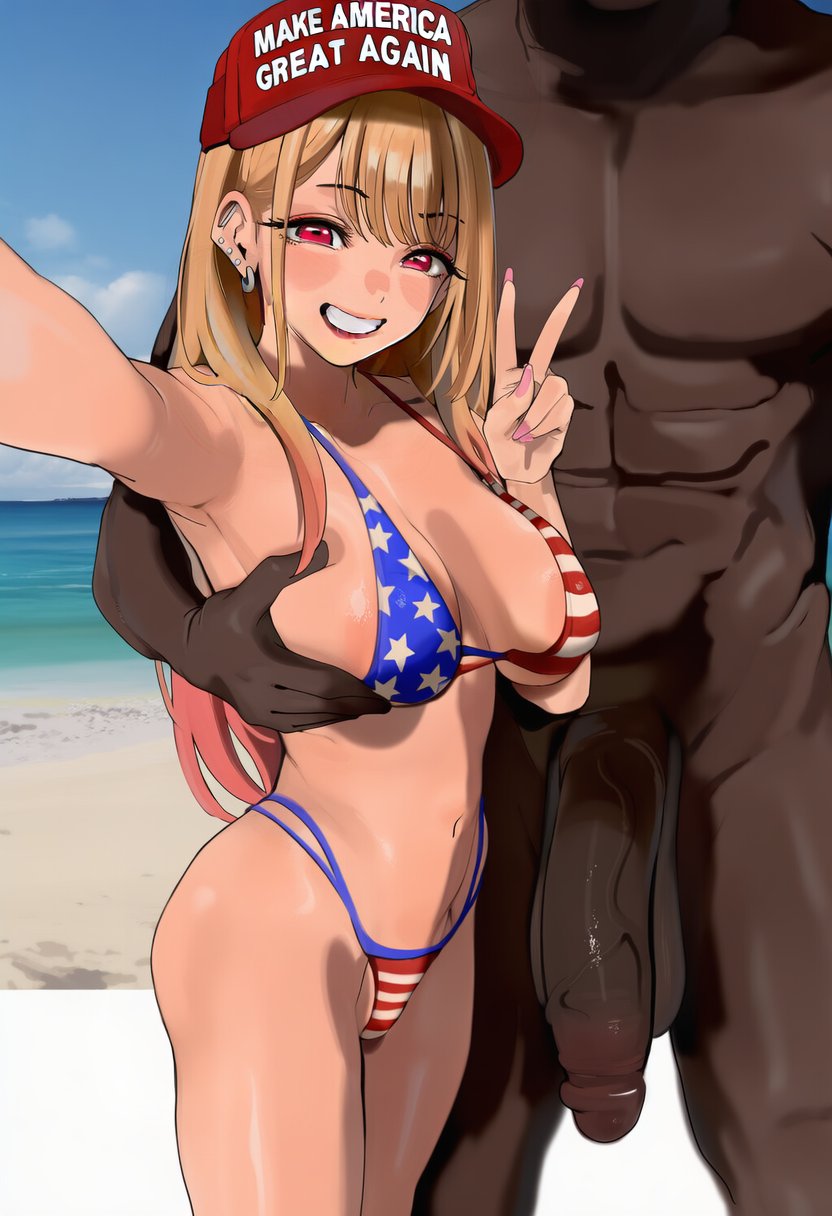 1boy, 1girls, ai generated, american flag, american flag bikini, baseball cap, beach, big penis, bikini, blonde hair, brattyanny, breast grab, breasts, dark skin, dark-skinned male, english text, female, grabbing, grin, grinning at viewer, groping, hat, interracial, kitagawa marin, looking at viewer, make america great again, male, nail polish, peace sign, penis, piercing, pink nails, red eyes, selfie, smile, smiling at viewer, sono bisque doll wa koi wo suru, swimsuiy, text, v, v sign