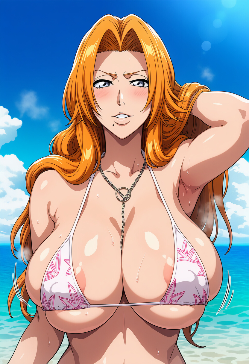 1girls, after sex, ai generated, anime, areola slip, areolae, beach, big breasts, bleach, blush, breasts, breasts bigger than head, female, female only, huge breasts, light-skinned female, long hair, looking at viewer, manga, matsumoto rangiku, orange hair, solo, top heavy, upper body