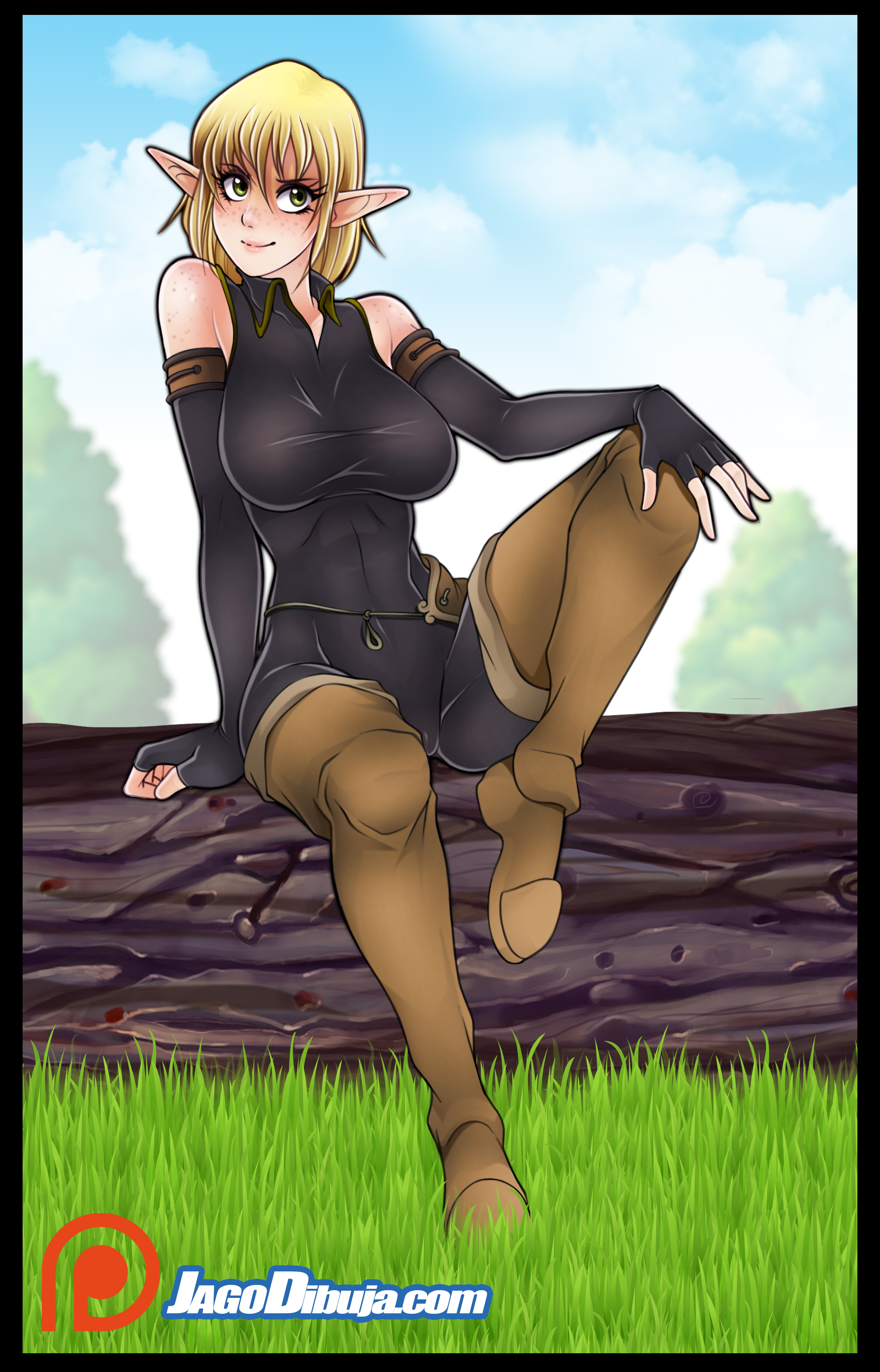 1girls, 2020s, 2022, 5 fingers, big eyes, black bodysuit, black border, black eyebrows, black gloves, blonde hair, bodysuit, border, breasts, camel toe, cameltoe, closed mouth, clothing, cra, day, elf, elf only, evangelyne, eyebrows, eyelashes, female, female focus, female only, fingerless gloves, freckles, front view, gloves, grass, green eyes, hand on knee, hi res, humanoid, humanoid only, jago dibuja, jpeg, large breasts, log, long boots, long ears, long gloves, navel line, open eyes, outdoors, patreon logo, pointy ears, posing, pussy, shiny clothes, sitting, sitting on log, smile, solo, text, tight clothing, tree, url, wakfu