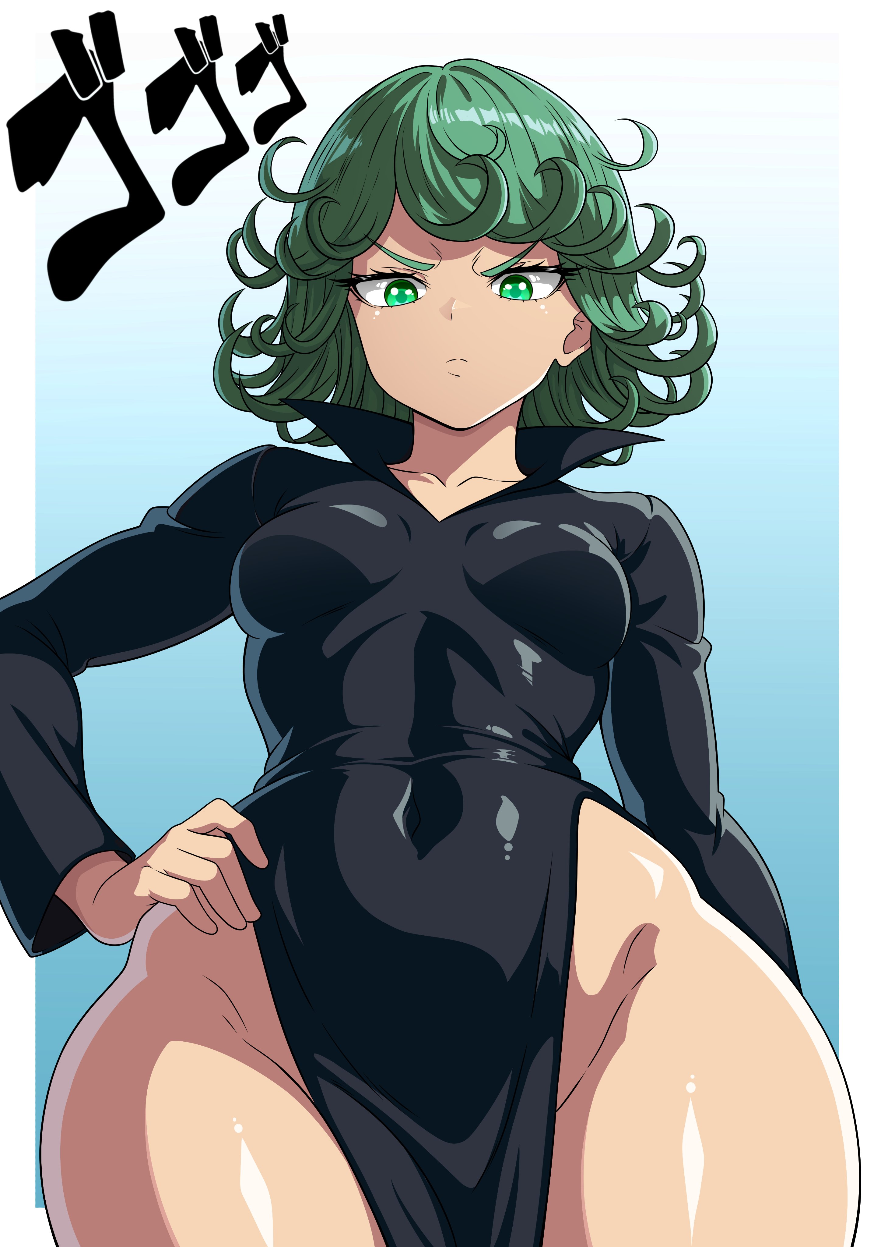 1girls, absurd res, bangs, black dress, blue background, blush, breasts, child bearing hips, closed mouth, clothing, collarbone, collared dress, covered navel, curly hair, curvaceous, dress, female, female only, flipped hair, from below, frown, glaring, green eyes, green hair, groin, hand on hip, hand on own hip, hi res, highres, hips, large breasts, long sleeves, looking at viewer, looking down, medium breasts, medium hair, menacing (jojo), navel, no panties, one-punch man, pelvic curtain, short hair, side slit, small breasts, solo, standing, tatsumaki, theoiledone, thick thighs, thighs, v-shaped eyebrows, wide hips