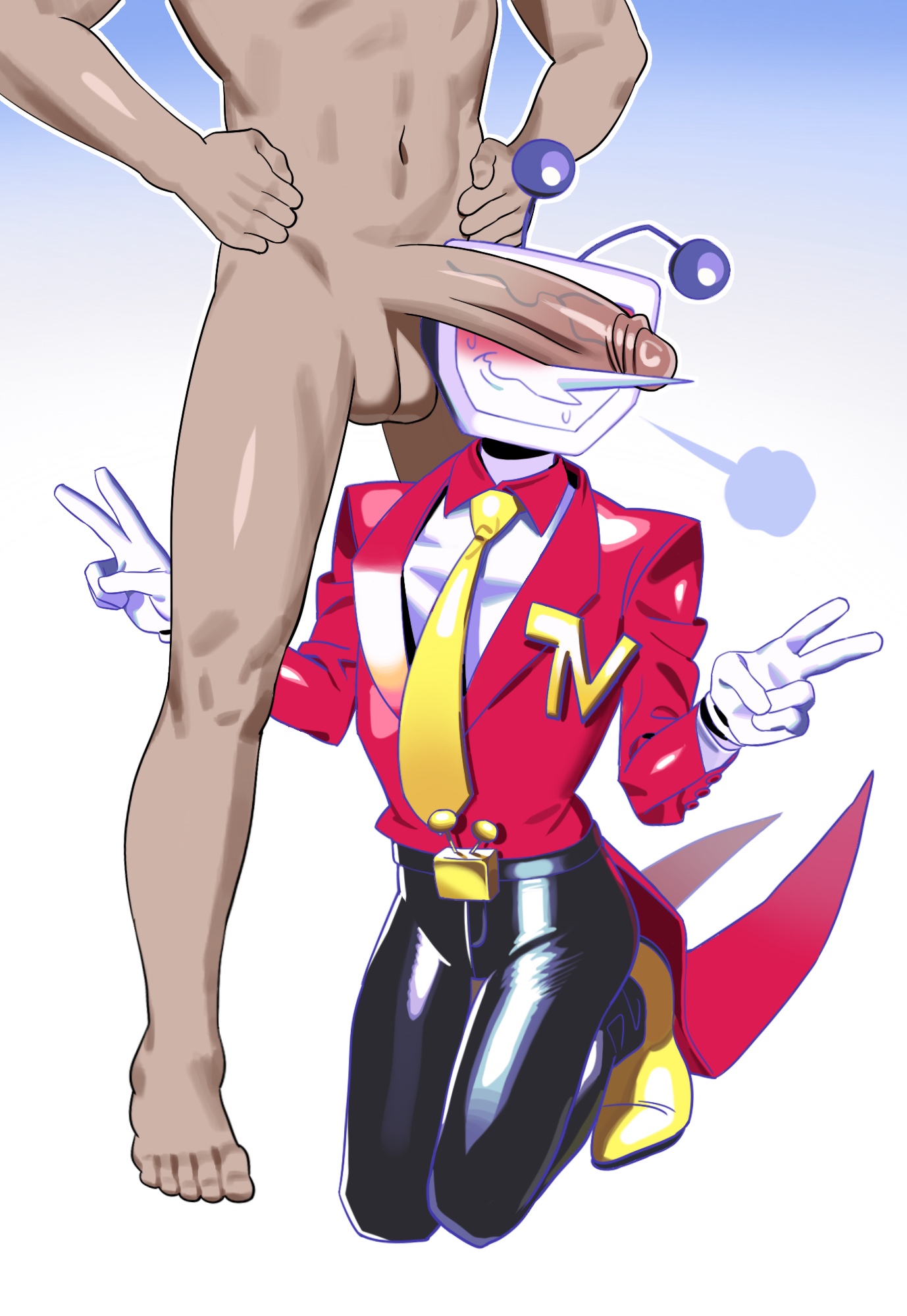 2boys, big penis, blush, colored, deltarune, dick on face, fully clothed, fully nude, male, male only, mondotopia, non-human, penis, posing for the viewer, tagme, tenna (deltarune), toony