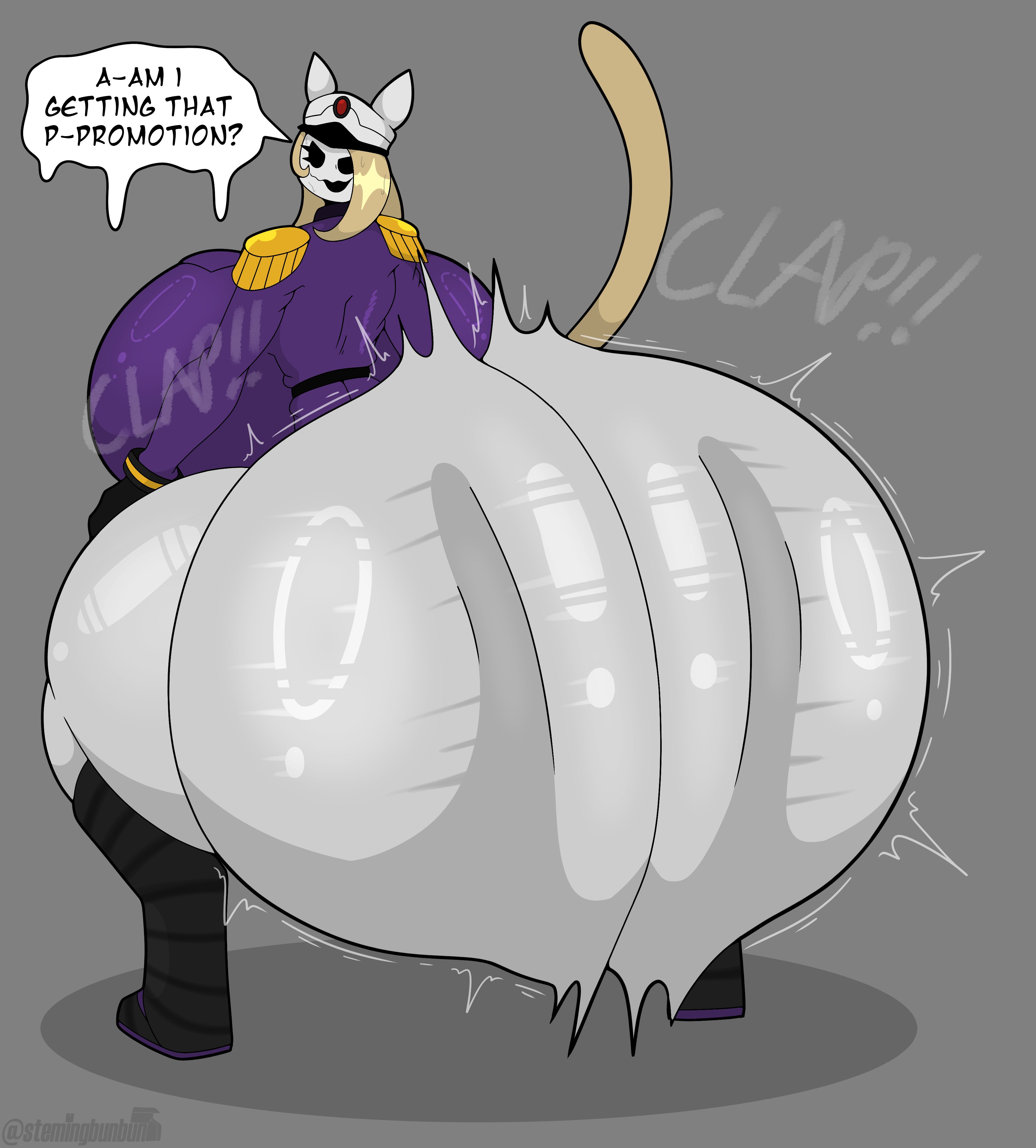 1girls, absurd res, annoyed, annoyed expression, ass, ass clapping, ass ripple, big ass, big breasts, big thighs, black eyes, blonde female, blonde hair, boots, bottomless, breasts, cat ears, cat girl, cat tail, catgirl, crouching, female, gigantic ass, gigantic thighs, grey body, hi res, huge ass, huge breasts, huge thighs, hyper, hyper ass, hyper thighs, massive ass, massive thighs, military hat, military uniform, original character, pupilless eyes, shaking ass, shaking butt, short hair, stemingbunbun, tagme, tagme (character), talking to another, thighs, twerk, twerking