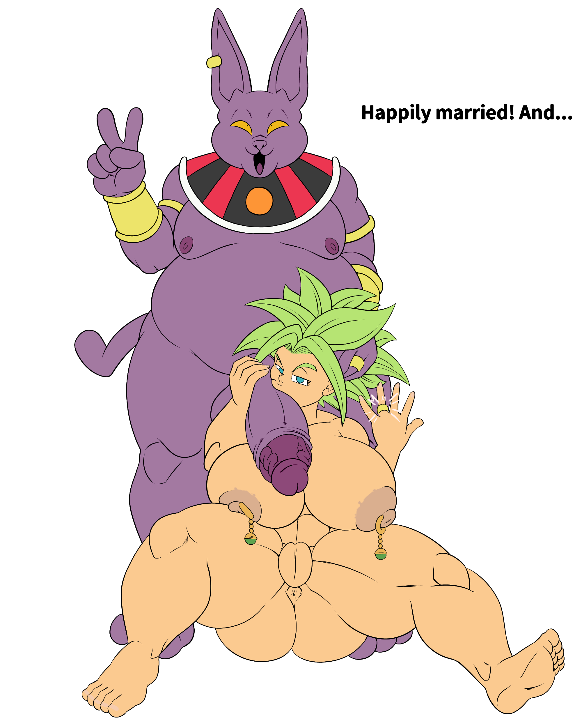 caulifla, champa, champanized, cinderello, commission, dragon ball, dragon ball super, dragon ball super super hero, dragon ball z, female, interspecies, kale, kefla, kefla (dragon ball), kissing penis, male, married couple, married female, older male, penis, saiyan, smaller female, text, wedding lingerie, wedding ring, younger female