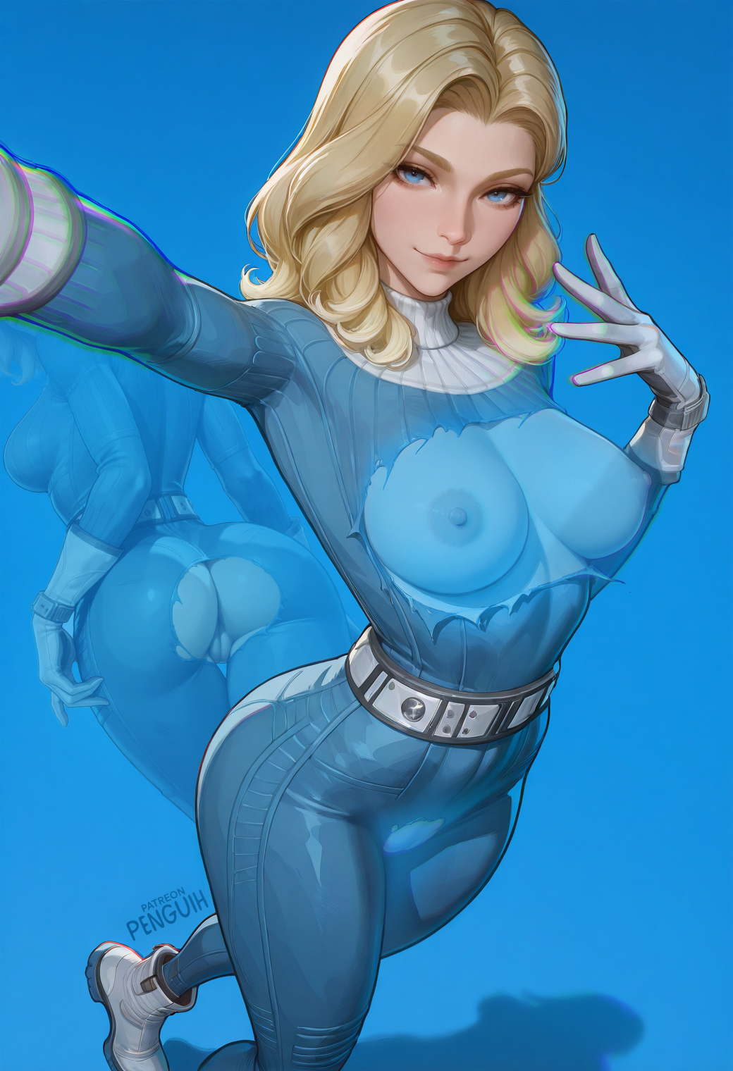 1girls, ai assisted, ai generated, ass, blonde hair, blue eyes, bodysuit, breasts, breasts out, exposed breasts, exposed pussy, fantastic four, fantastic four: first steps, female, gloves, invisible, invisible girl, invisible woman, invisible woman (first steps), invisible woman (marvel rivals), looking at viewer, marvel, marvel cinematic universe, marvel comics, marvel rivals, medium breasts, patreon username, penguih, pussy, ripped clothing, selfie pose, simple background, smile, solo, solo female, standing, sue storm, sweater, torn clothes, vagina