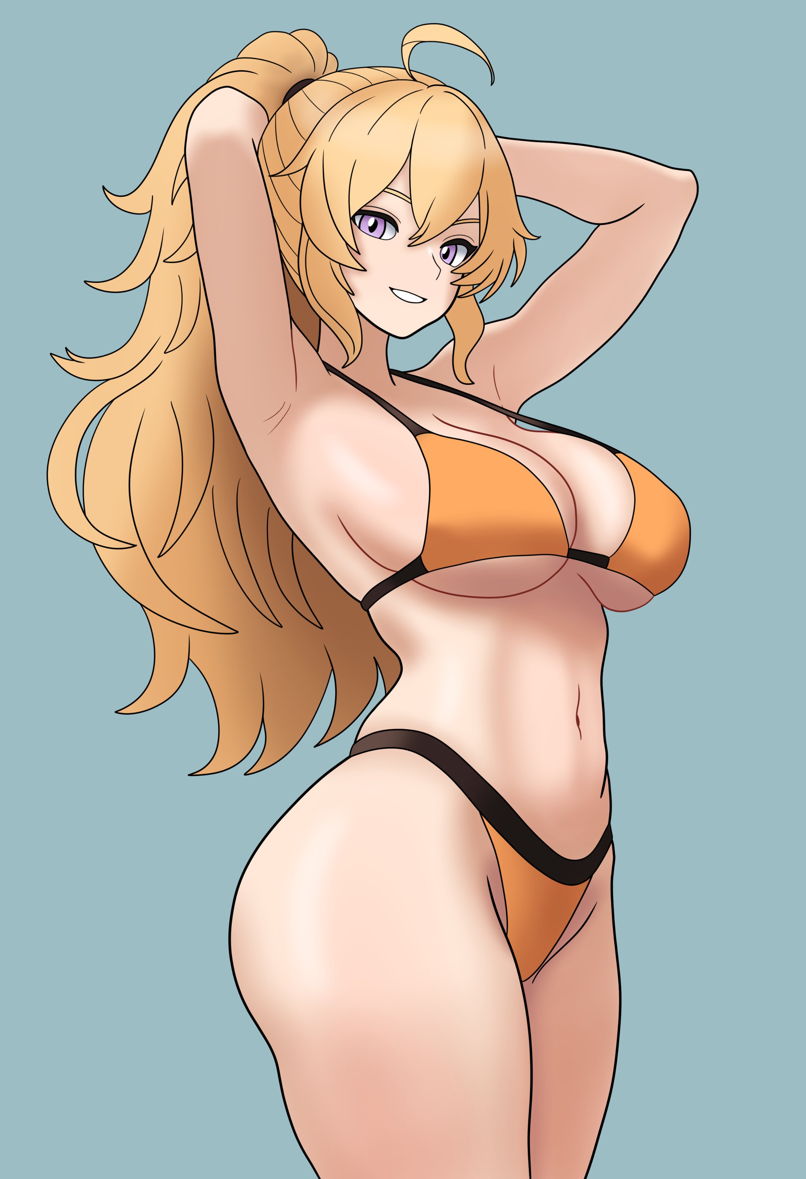 1girls, alternate hairstyle, armpits, arms behind head, big breasts, bikini, blonde hair, bojack198, breasts, busty, cleavage, confident, female, female only, highres, large breasts, legs, long hair, looking at viewer, navel, orange bikini, parted lips, ponytail, pose, posing, purple eyes, rooster teeth, rwby, seductive smile, sensual, sexy, sexy armpits, sexy pose, sideboob, smile, solo, swimsuit, teeth, thighs, thong bikini, toned, voluptuous, wavy hair, yang xiao long