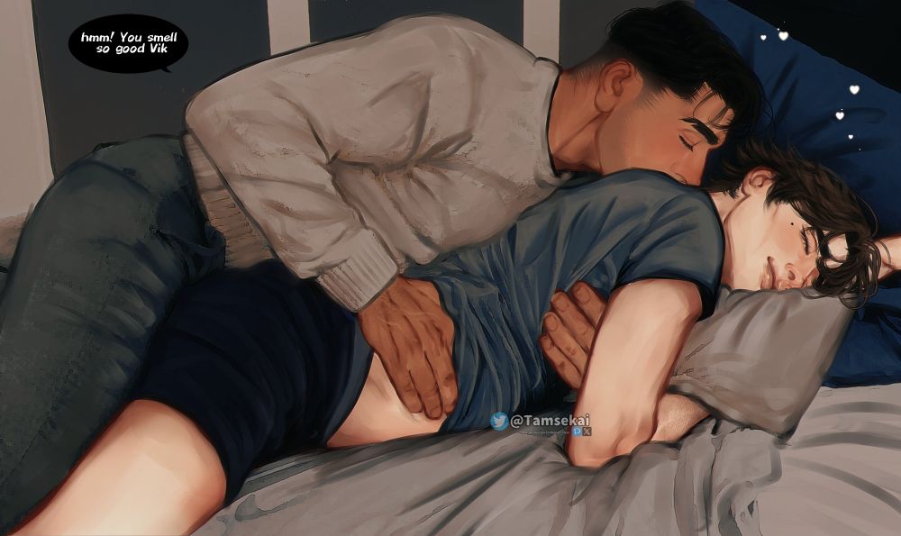 2boys, arcane, arcane jayce, arcane viktor, bed, bedroom, clothing, comforting, cuddling, gay, gay male, grinding through clothes, hand on hip, hips grab, jayce, jayce talis, kissing, league of legends, male, male only, romantic ambiance, romantic couple, sleeping, sleepy, smell, snuggle, snuggling, tamsekai, yaoi