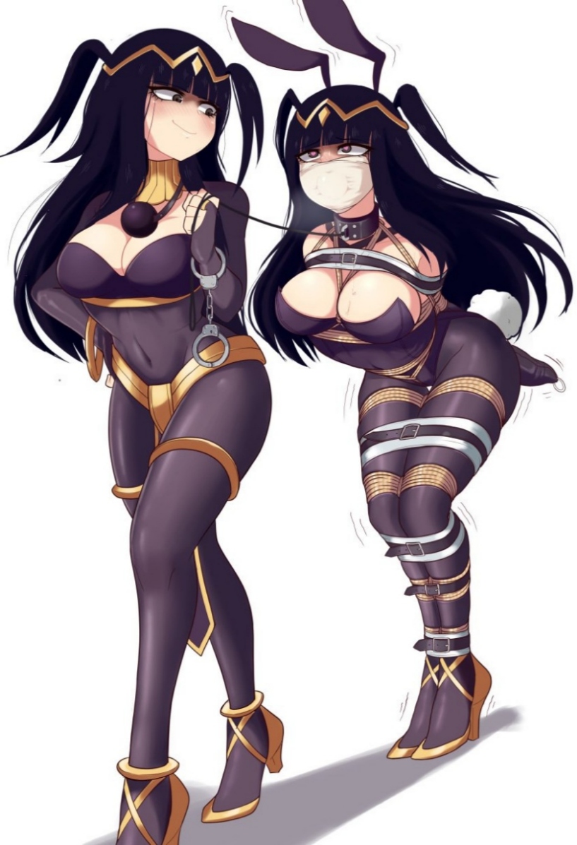 animal ears, armbinder, arms behind back, bagelbomb, ball gag, black hair, blush, bodystocking, bondage, bound, bound arms, breasts, bunny ears, bunny tail, cleavage, collar, covered navel, doppelganger, female, female only, femsub, fire emblem, fire emblem awakening, gag, gagged, high heels, intelligent systems, large breasts, leash, long hair, multiple views, nintendo, selfcest, tail, tharja, tharja (fire emblem), two side up