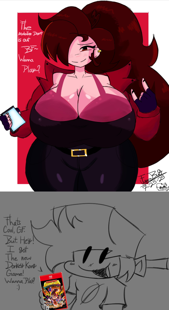 1boy 1girls 2025 artist_signature big_breasts black_eyes boyfriend_(friday_night_funkin) breasts cartridge clothed dated donkey_kong donkey_kong_bananza friday_night_funkin game game_cartridge girlfriend_(friday_night_funkin) gray_background inviting_to_play male/female nintendo_switch nintendo_switch_2 pale-skinned_female phone red_bra sketch tagme talking talking_to_partner text the_j_bug thick_thighs thighs trepidation_gf_(friday_night_funkin) white_background wip yellow_earrings