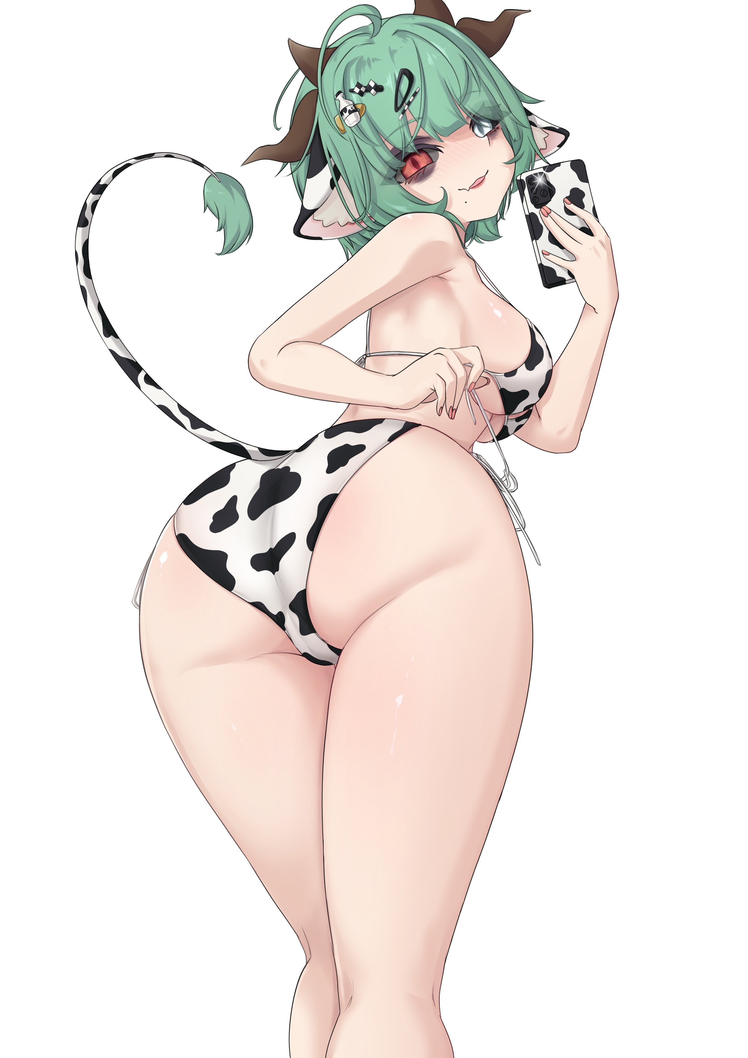 1girls, ass, ass focus, big ass, big breasts, big butt, big thighs, blush, bra, breasts, butt focus, clothed, clothed female, clothes, clothes pull, clothing, cow ears, cow girl, cow print bra, cow print panties, cow print phone, cowgirl, crelly, ear markings, female, female focus, female only, fingers, green hair, grin, grinning, grinning at viewer, hair, hair accessory, hair clips, hair ornament, heterochromia, horn, horns, indie virtual youtuber, light skin, light-skinned female, looking at viewer, looking back, looking back at viewer, open mouth, open mouth smile, open smile, panties, panty pull, phone, phone flash, pink nail polish, pink nails, pulling panties, red eye, red iris, ritspi, short hair, short-haired female, tail, tail markings, twitch, underwear, underwear only, virtual youtuber, vtuber, white background, white eye, white iris
