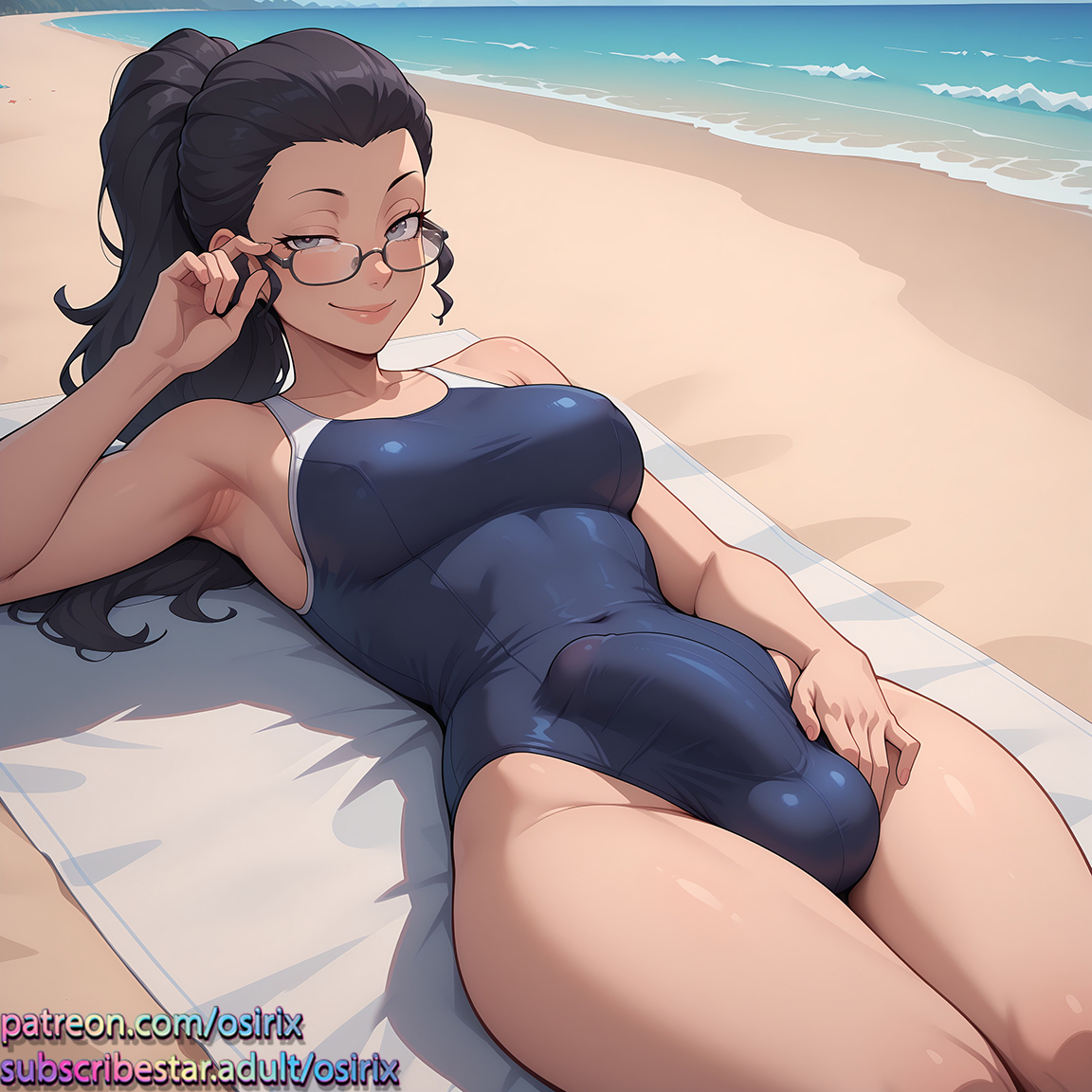 2025, ai, ai art, ai generated, armpits, black hair, color, colored, erection under clothes, futa only, futa sans pussy, futanari, glasses, grey eyes, intersex, mayoido shopkeeper, one-piece swimsuit, osirix, persona, persona 3, self upload, stable diffusion