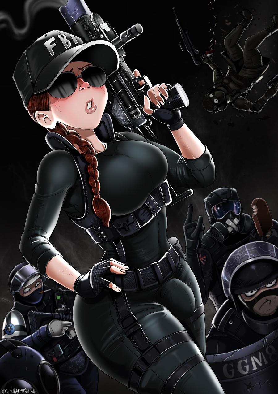 1futa 5boys ash_(rainbow_six) blush brown_hair bulge doc_(rainbow_six) futanari glasses glaz_(rainbow_six) gun hat mute_(rainbow_six) rainbow_six rainbow_six_siege rook_(rainbow_six) shadman smoke_(rainbow_six) smoking sunglasses tagme tinted_eyewear tom_clancy weapon