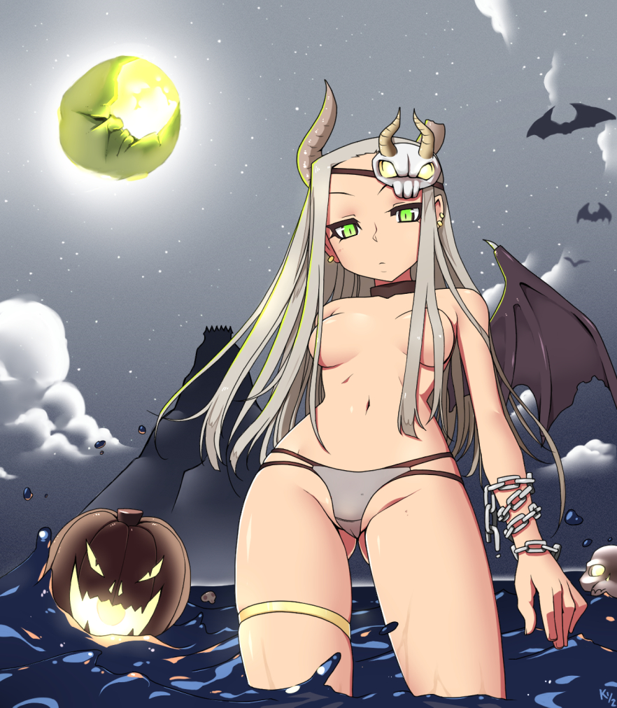 bat breasts broken_horn chains collar demon_girl demon_wings earrings female green_eyes hair_censor hair_over_breasts headgear horns island kuroonehalf long_hair looking_at_viewer moon navel night ocean original outdoors partially_submerged pumpkin silver_hair skull swimsuit thighlet topless tsuno_(kuroonehalf) water wings