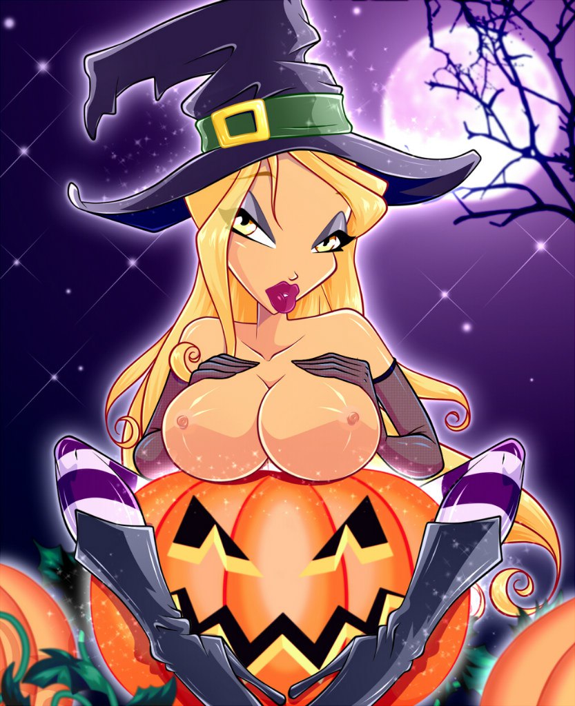 1girls 4kids_entertainment amber_eyes bare_shoulders big_lips blonde_hair breasts color daphne_(winx_club) elbow_gloves eyeshadow female gloves halloween hat high_heels holding_breasts hugging jack-o'-lantern large_breasts legs_crossed lips lipstick long_hair looking_at_viewer makeup nickelodeon nipples pressing_breasts_together rainbow_(animation_studio) shoes sitting solo stockings thighhighs winx_club witch_hat yellow_eyes zfive