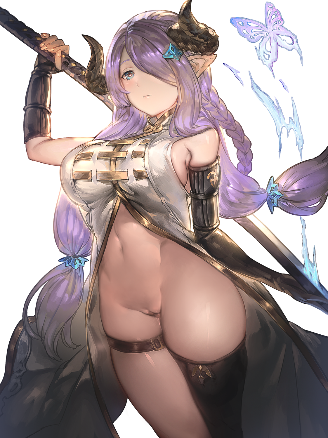 aos, bare shoulders, black gloves, blue eyes, bottomless, breasts, draph race (granblue fantasy), elbow gloves, female, gloves, granblue fantasy, hair over one eye, highres, horns, large breasts, lavender hair, narmaya (granblue fantasy), navel, pointy ears, pussy, pussy juice, sideboob, simple background, single thighhigh, solo, thigh strap, thighhighs, thighs, very long hair, white background