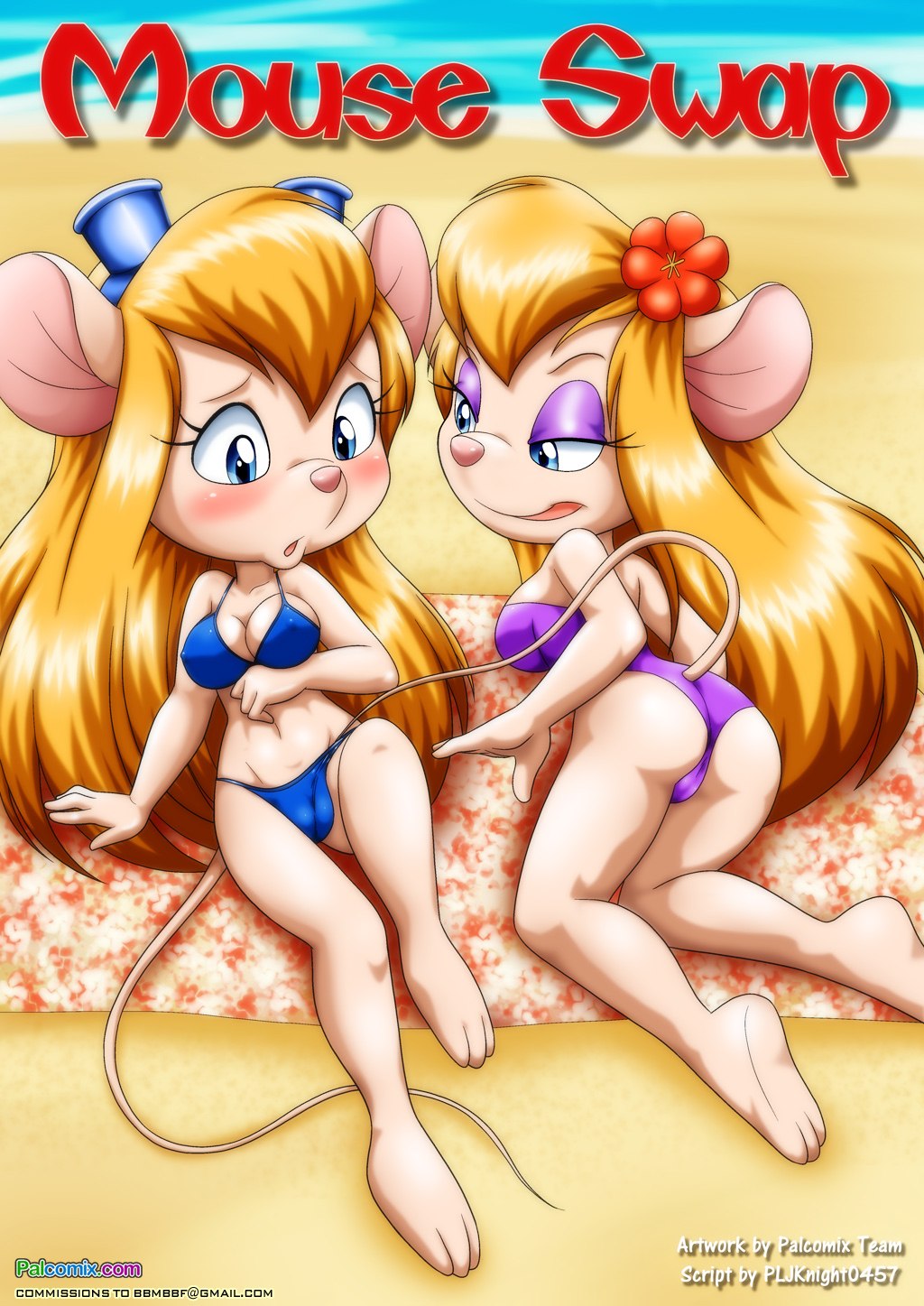 anthro bbmbbf beach bikini blonde_hair blue_eyes blush breasts chip_'n_dale_rescue_rangers clothing disney eyewear female gadget_hackwrench goggles hair half-closed_eyes lahwhinie makeup mammal mouse nipple_bulge open_mouth palcomix raised_tail rodent seaside swimsuit tail_masturbation yuri