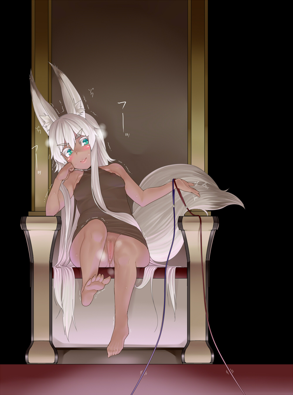 animal_ears aqua_eyes barefoot bottomless chair eyebrows feet female fox_ears fox_tail highres lappuru leash long_hair pussy small_breasts smile tail thick_eyebrows toes very_long_hair white_hair