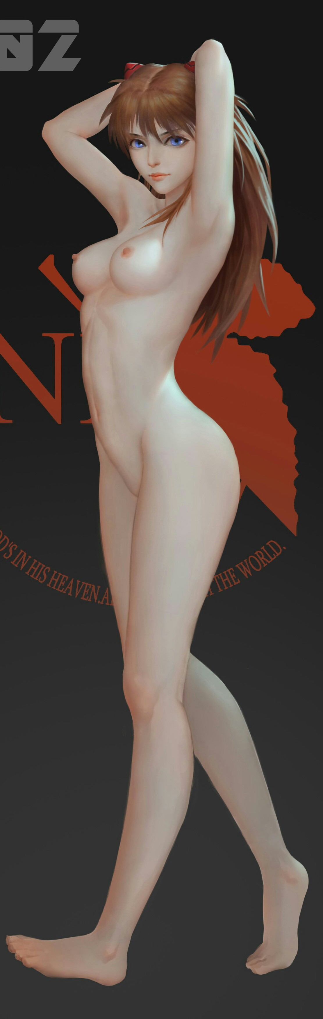 1girls, 2014, areolae, armpits, arms behind head, ass, asuka langley sohryu, barefoot, blue eyes, breasts, brown hair, feet, female, female only, full body, highres, human, linea alba, looking at viewer, medium breasts, navel, neon genesis evangelion, nipples, nude, side view, solo, standing, toes, toned, yc mercer