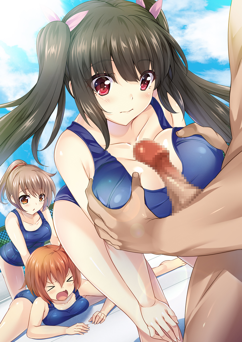 3girls bent_over between_breasts breast_grab breasts brown_eyes brown_hair censored cleavage closed_eyes dare_mo_ore_ga_wakaranai_nara_tanetsuke_shimakutte_mo_mondainai_daro! dutch_angle female hair_ribbon highres human ignoring invisible invisible_man kichiroku large_breasts lens_flare long_hair male mosaic_censoring multiple_females oblivious open_mouth paizuri penis ponytail rape red_eyes ribbon school_swimsuit short_hair splits spread_legs straight stretch swimsuit tied_hair time_stop titfuck twintails