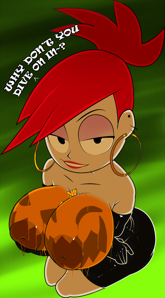 1girls alternate_breast_size areola between_breasts black_dress breasts busty candy_corn cartoon_network cleavage dress earrings eyeshadow female female_only food_between_breasts foster's_home_for_imaginary_friends frankie_foster gloves halloween hoop_earrings inverted_nipples large_breasts lipstick nipples paint ponytail pumpkin_boobs red_hair solo theboogie tied_hair voluptuous